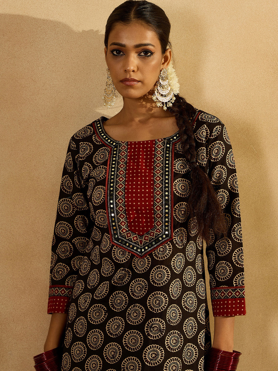 Indo Era Black Printed Straight Kurta Trousers With Dupatta set