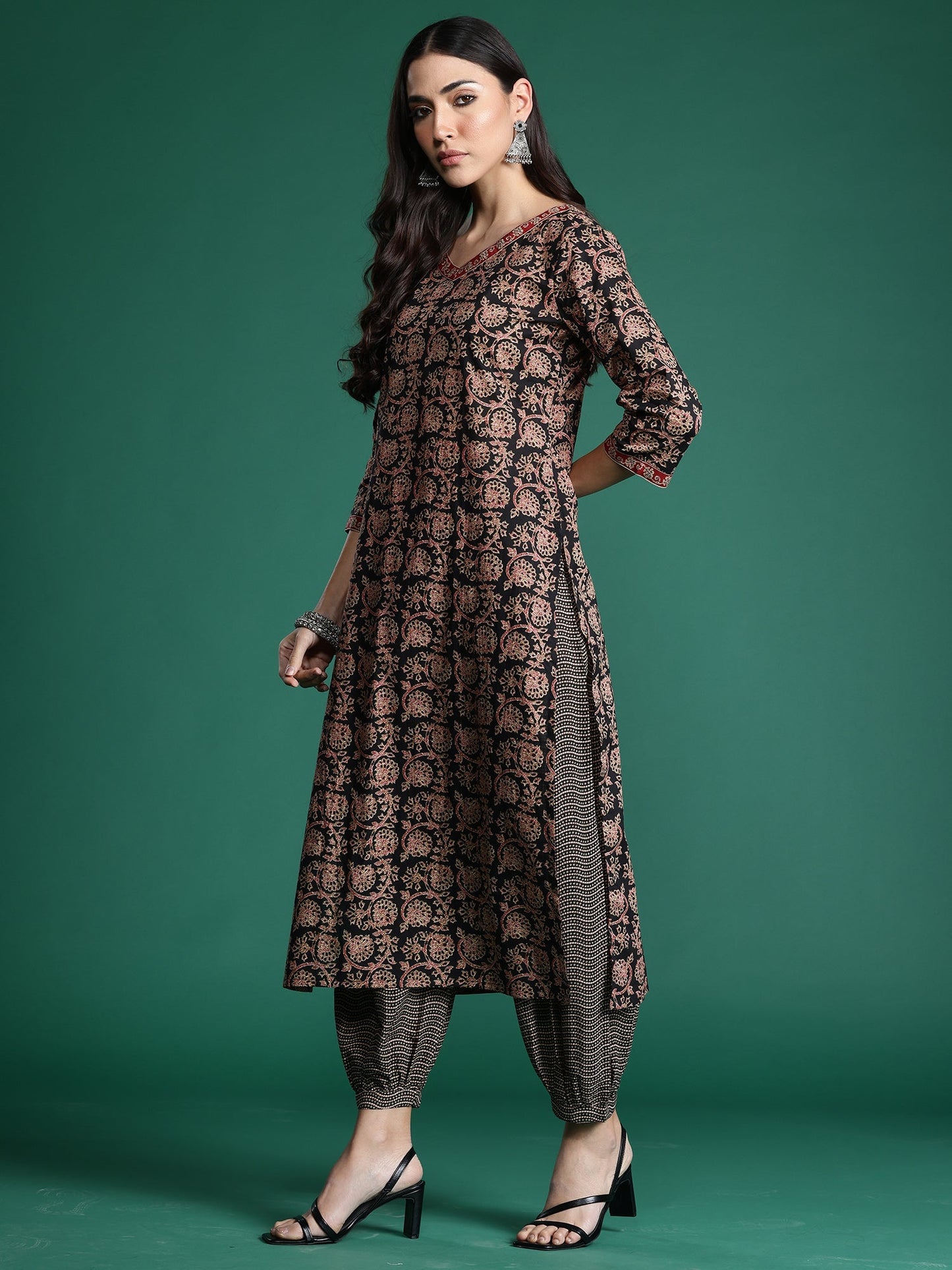 Indo Era Black Printed Straight Kurta Trousers With Dupatta Set