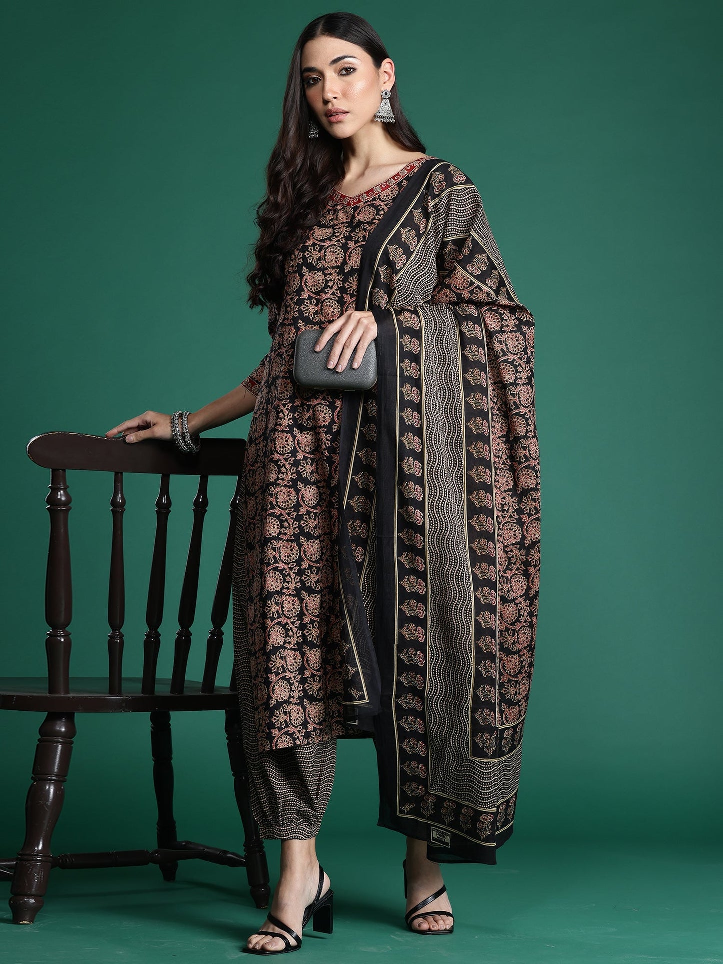 Indo Era Black Printed Straight Kurta Trousers With Dupatta Set