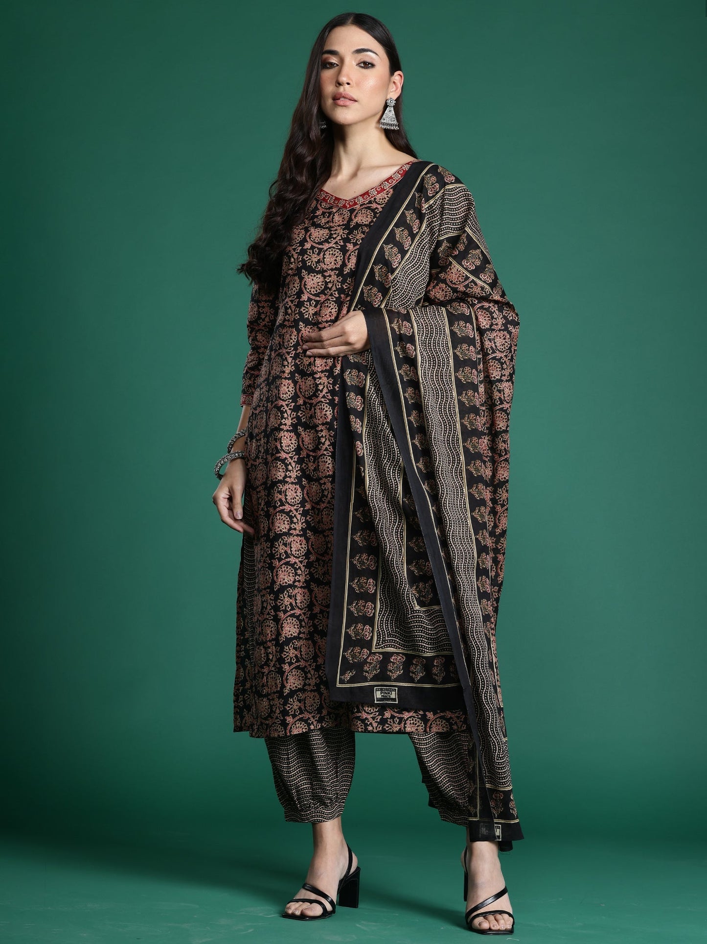 Indo Era Black Printed Straight Kurta Trousers With Dupatta Set