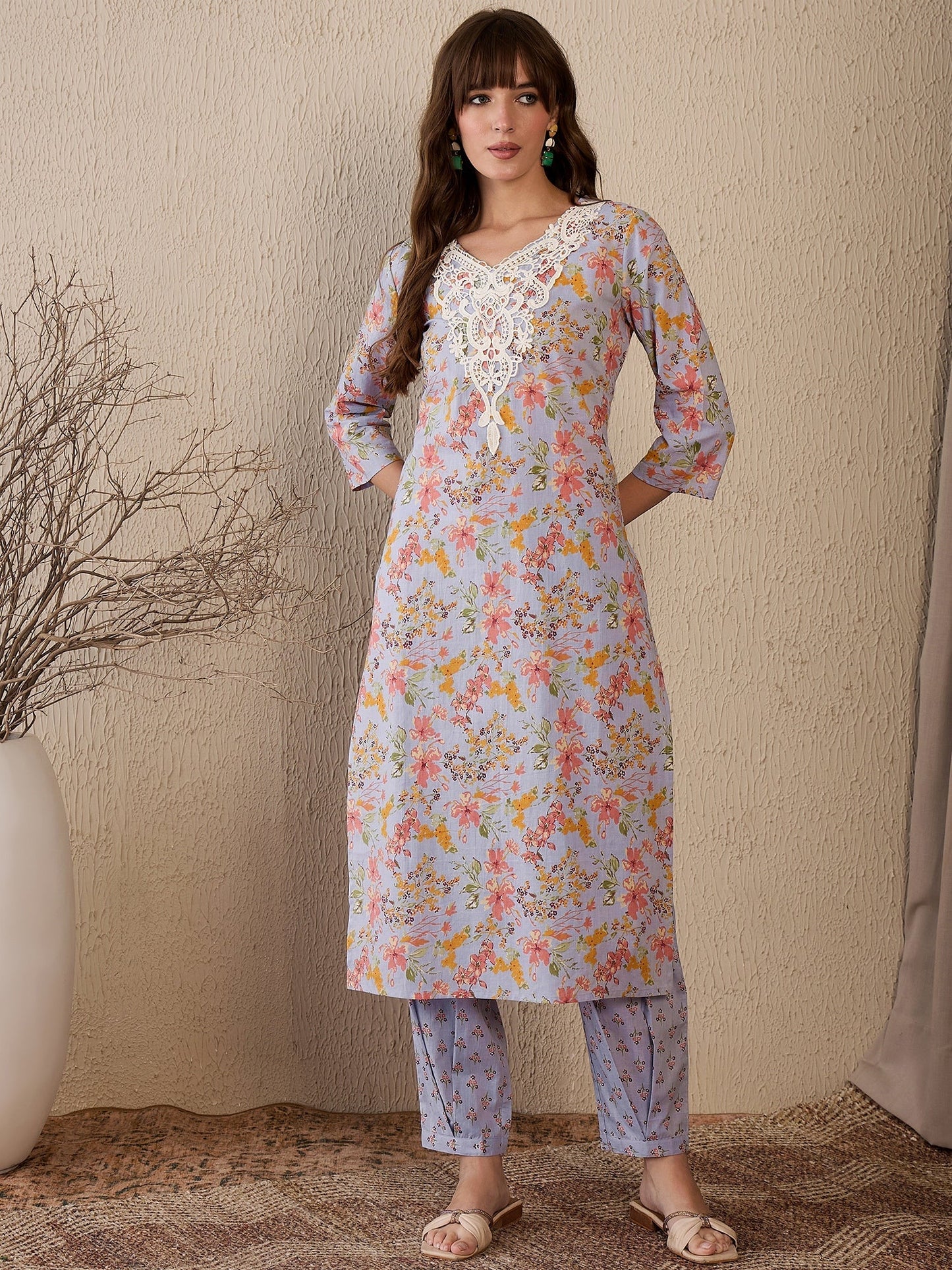 Indo Era Blue Printed Straight Kurta Salwar With Dupatta Set