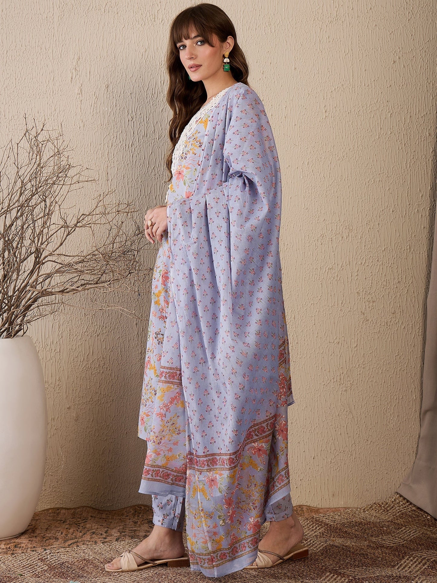Indo Era Blue Printed Straight Kurta Salwar With Dupatta Set