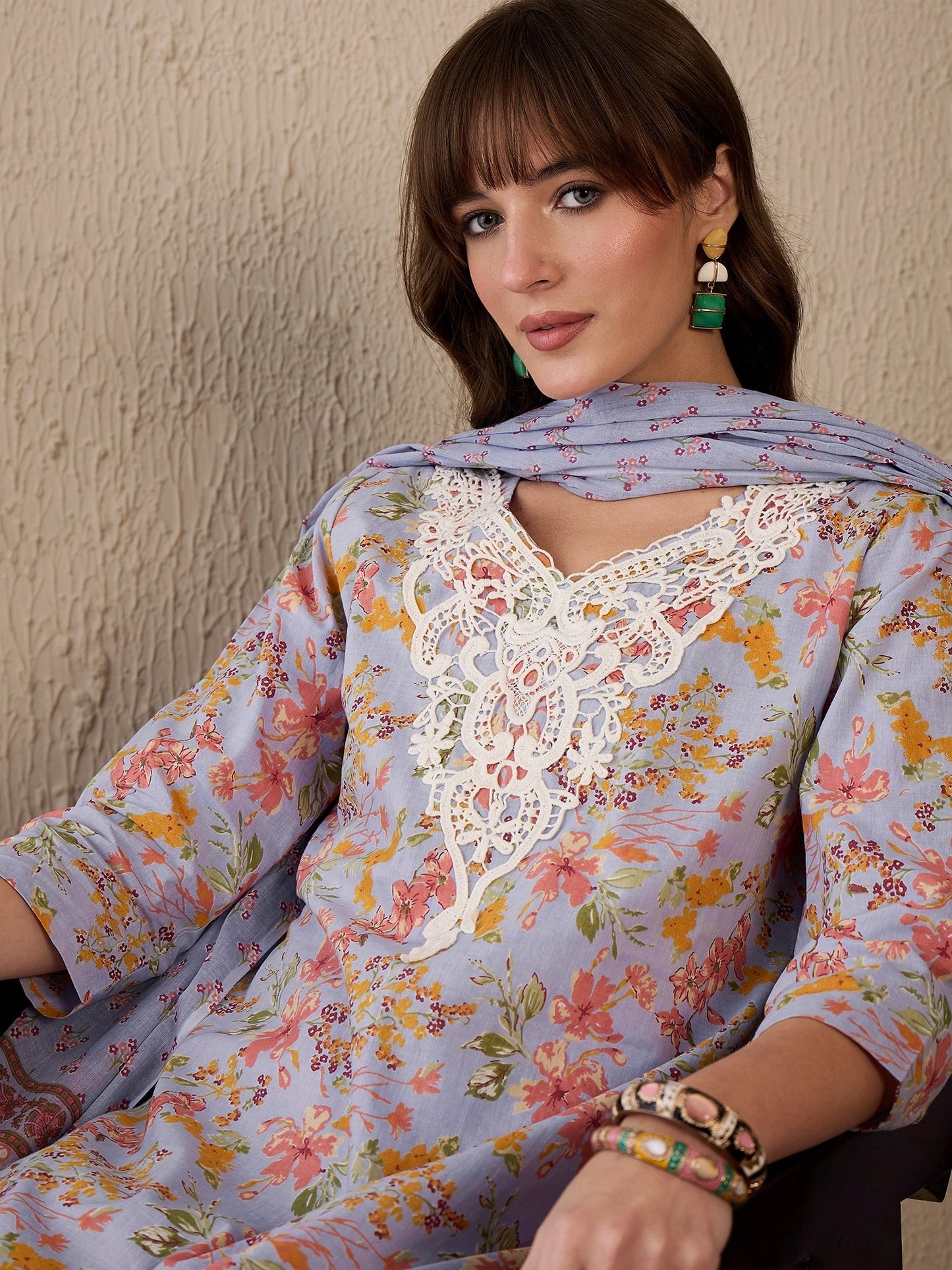 Indo Era Blue Printed Straight Kurta Salwar With Dupatta Set
