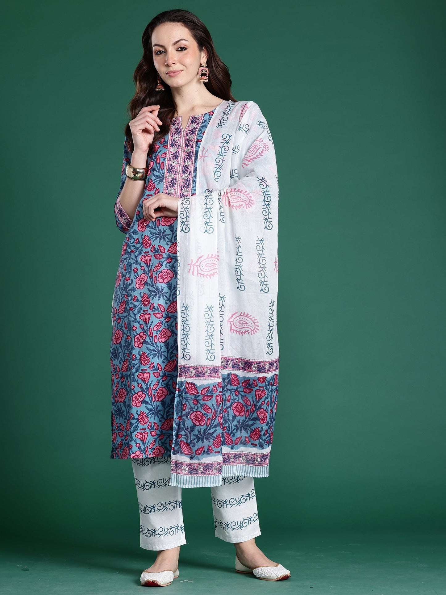 Blue Printed Straight Kurta Trousers With Dupatta Set