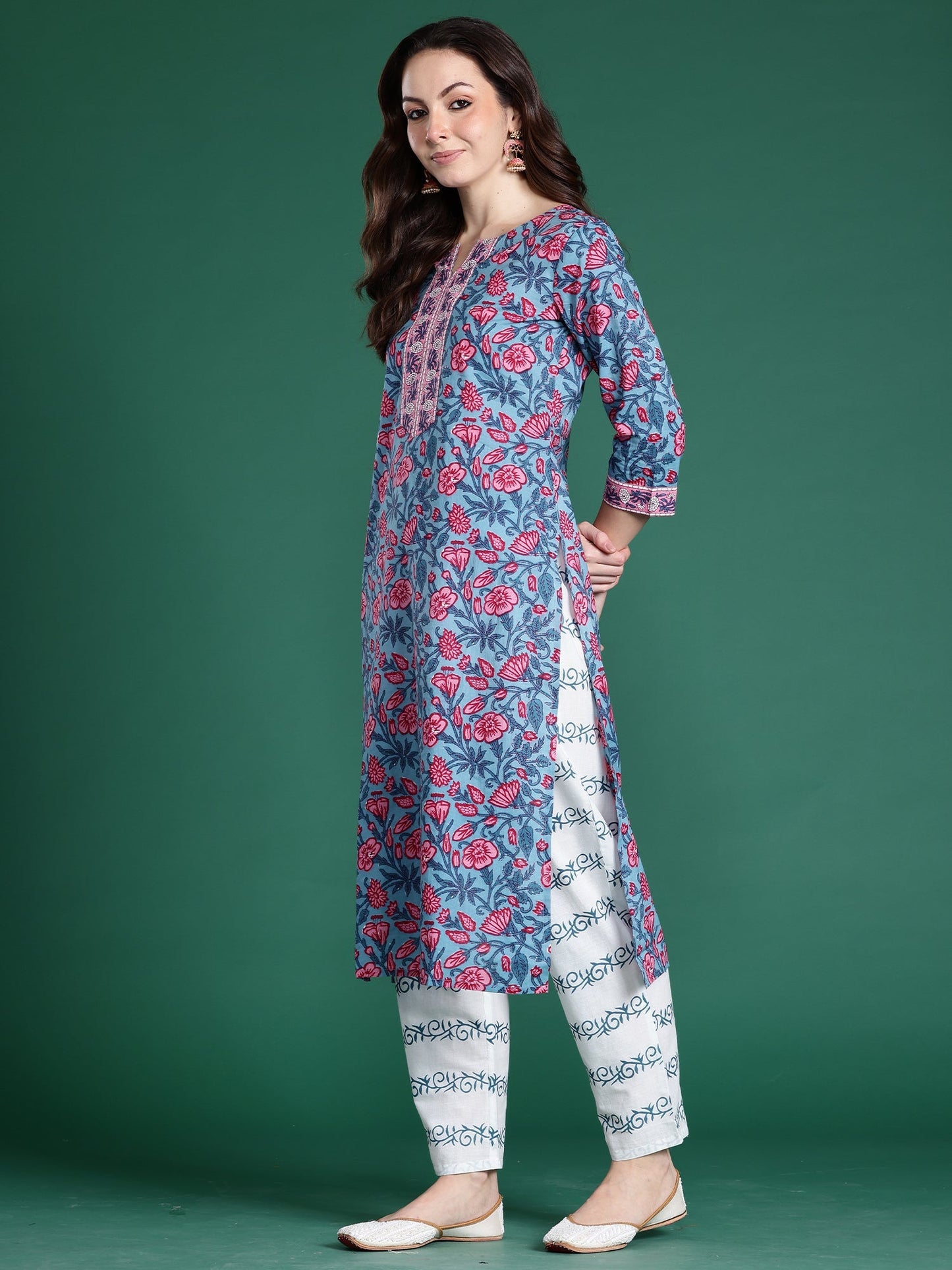 Blue Printed Straight Kurta Trousers With Dupatta Set