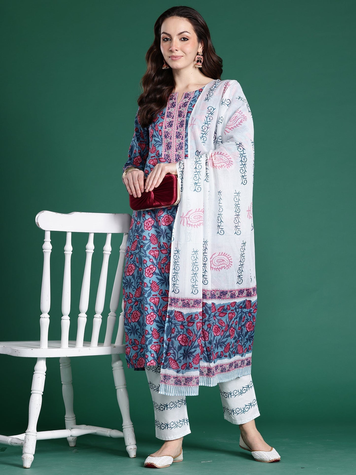 Blue Printed Straight Kurta Trousers With Dupatta Set