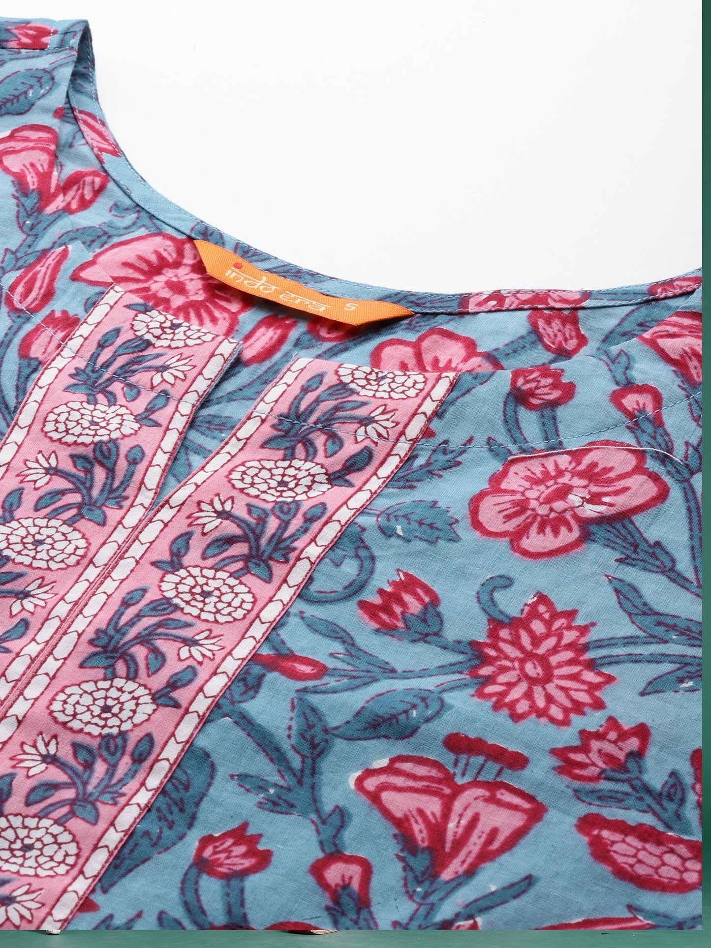 Blue Printed Straight Kurta Trousers With Dupatta Set