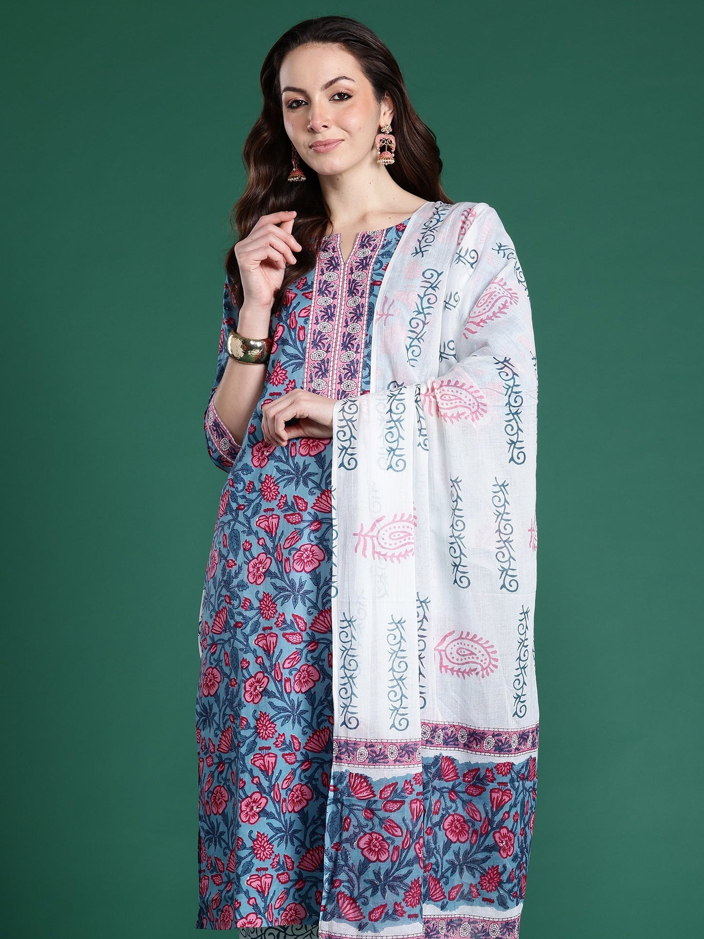 Blue Printed Straight Kurta Trousers With Dupatta Set