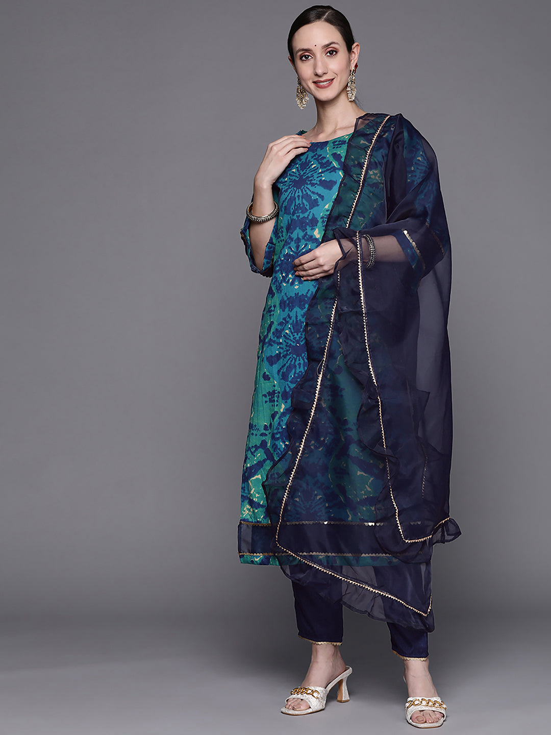 Indo Era Blue Tie & Dye Straight Kurta Trouser With Dupatta Set