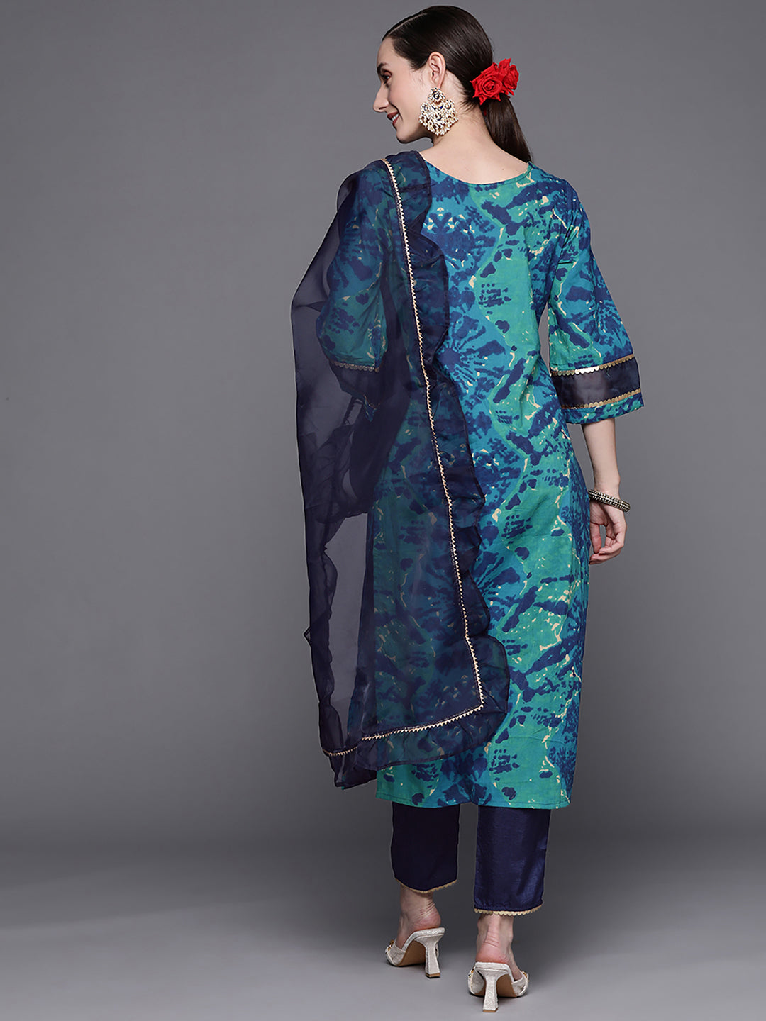 Indo Era Blue Tie & Dye Straight Kurta Trouser With Dupatta Set