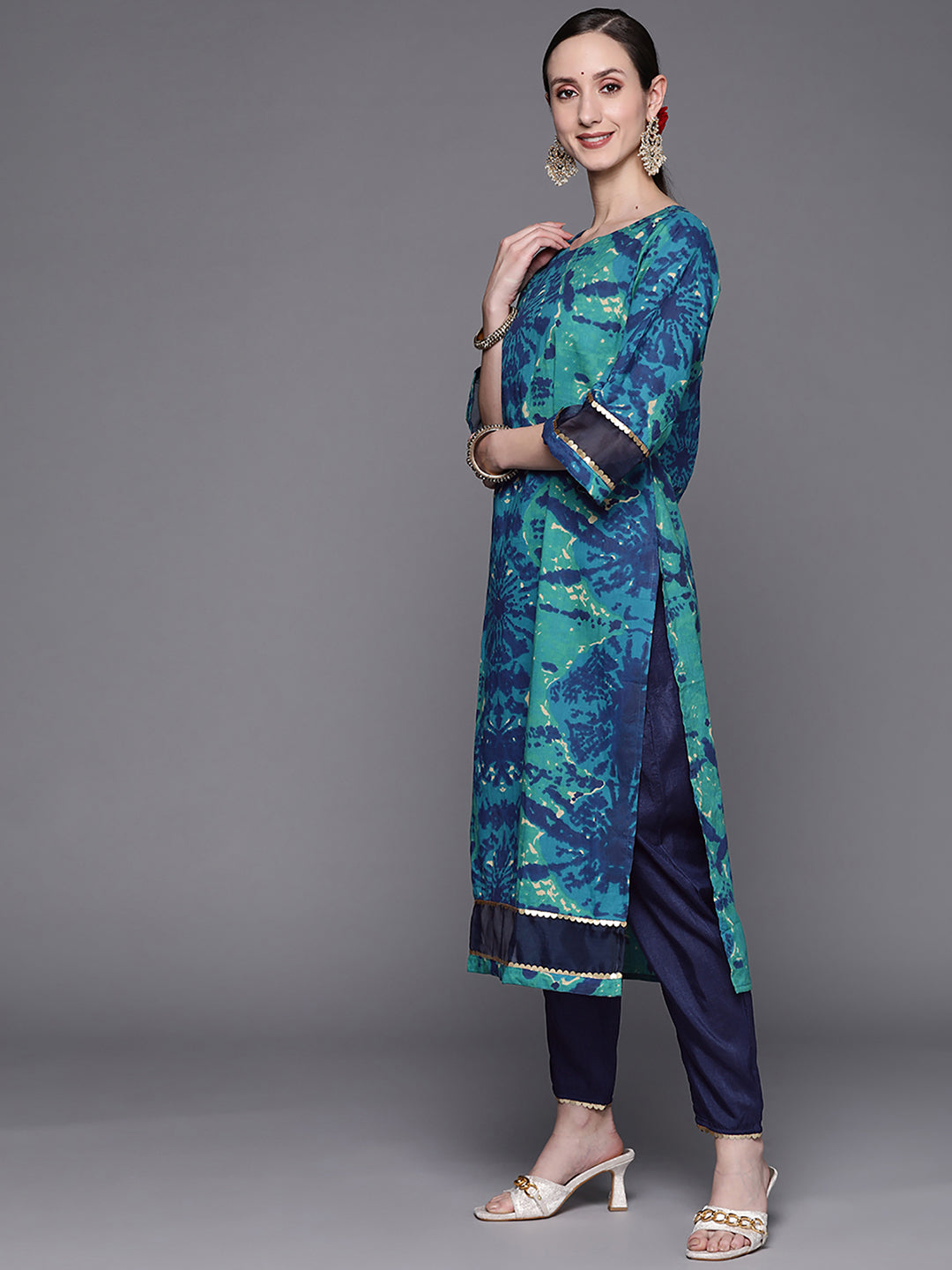 Indo Era Blue Tie & Dye Straight Kurta Trouser With Dupatta Set