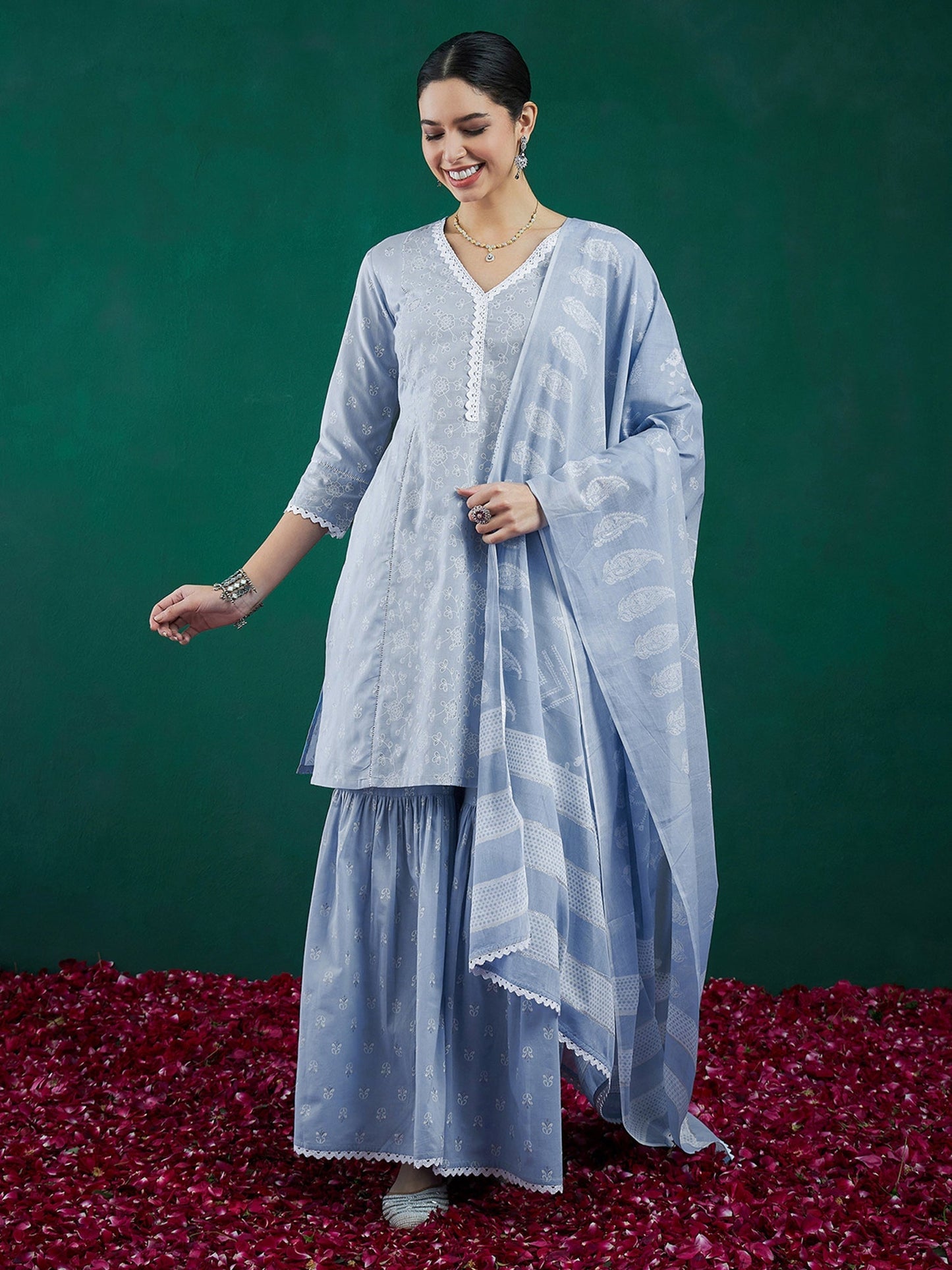 Indo Era Blue Printed Straight Kurta Sharara With Dupatta set