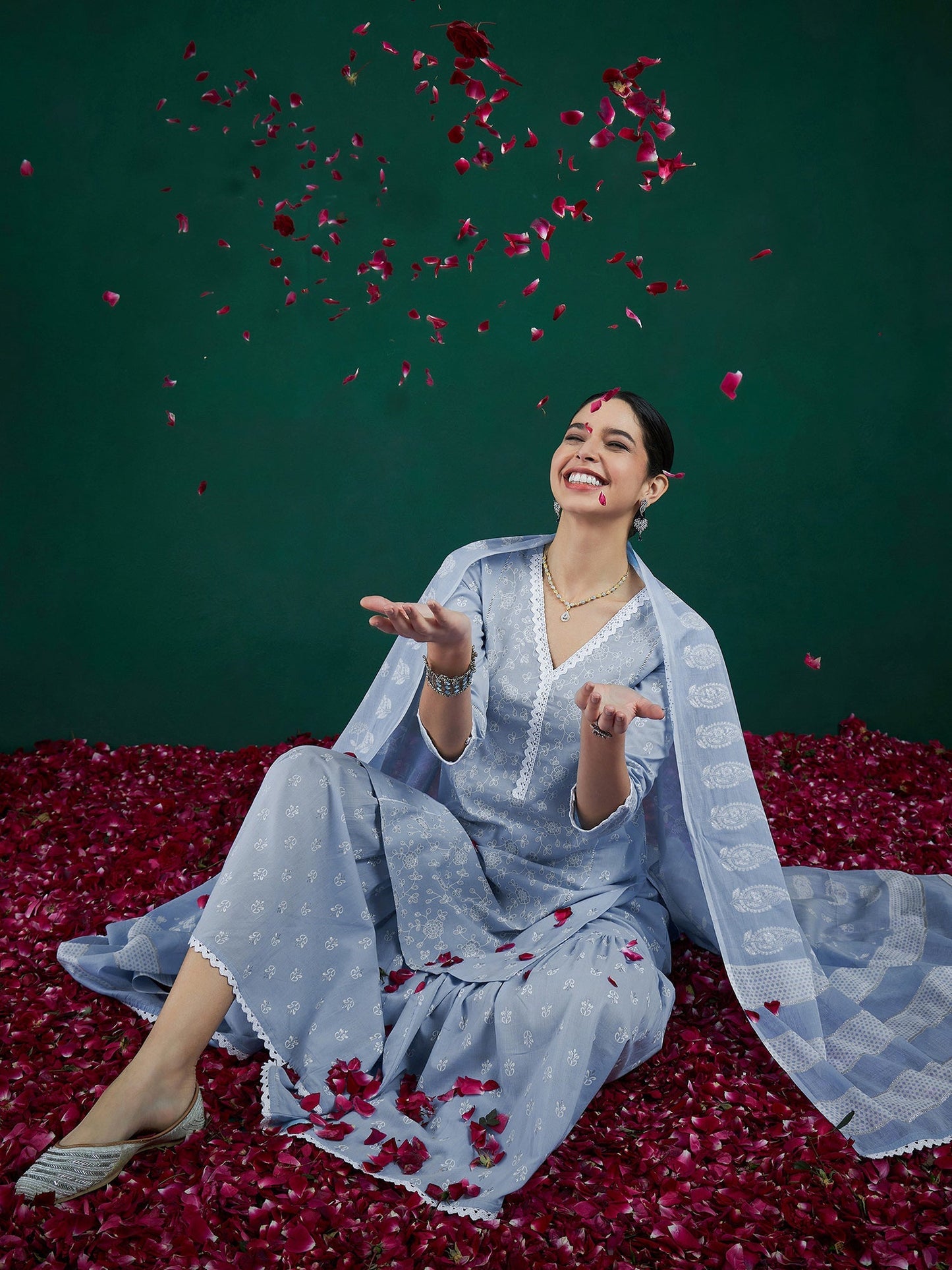 Indo Era Blue Printed Straight Kurta Sharara With Dupatta set