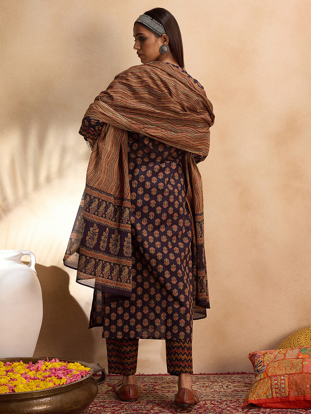 Indo Era Blue Printed Straight Kurta Trousers With Dupatta set