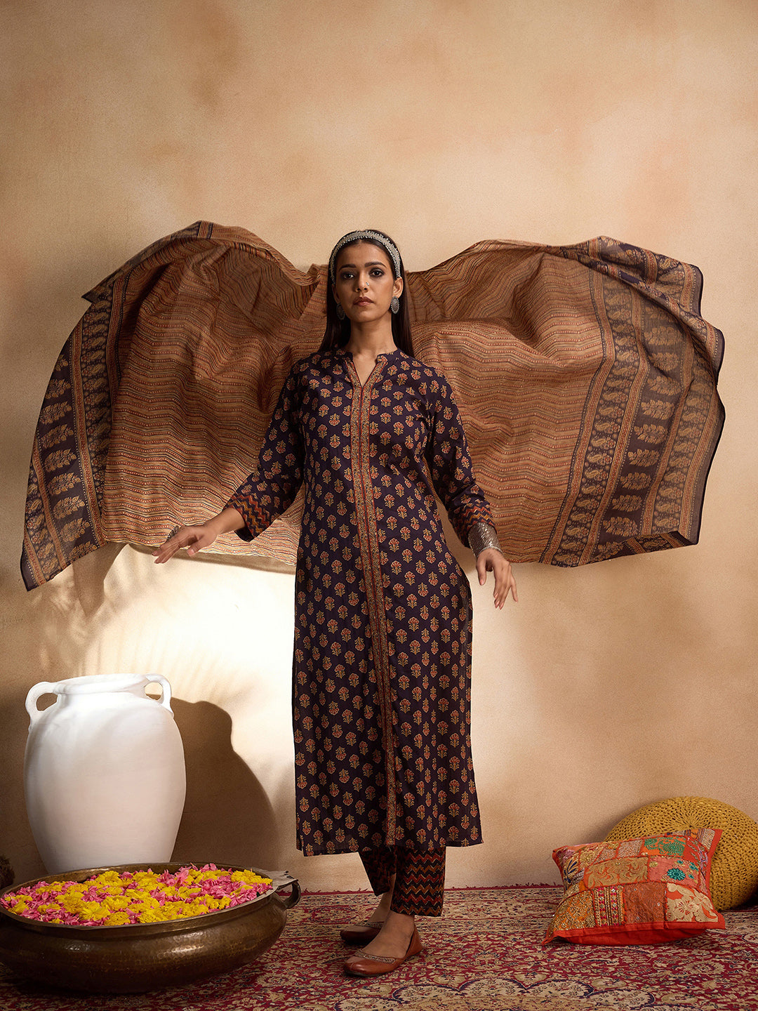 Indo Era Blue Printed Straight Kurta Trousers With Dupatta set