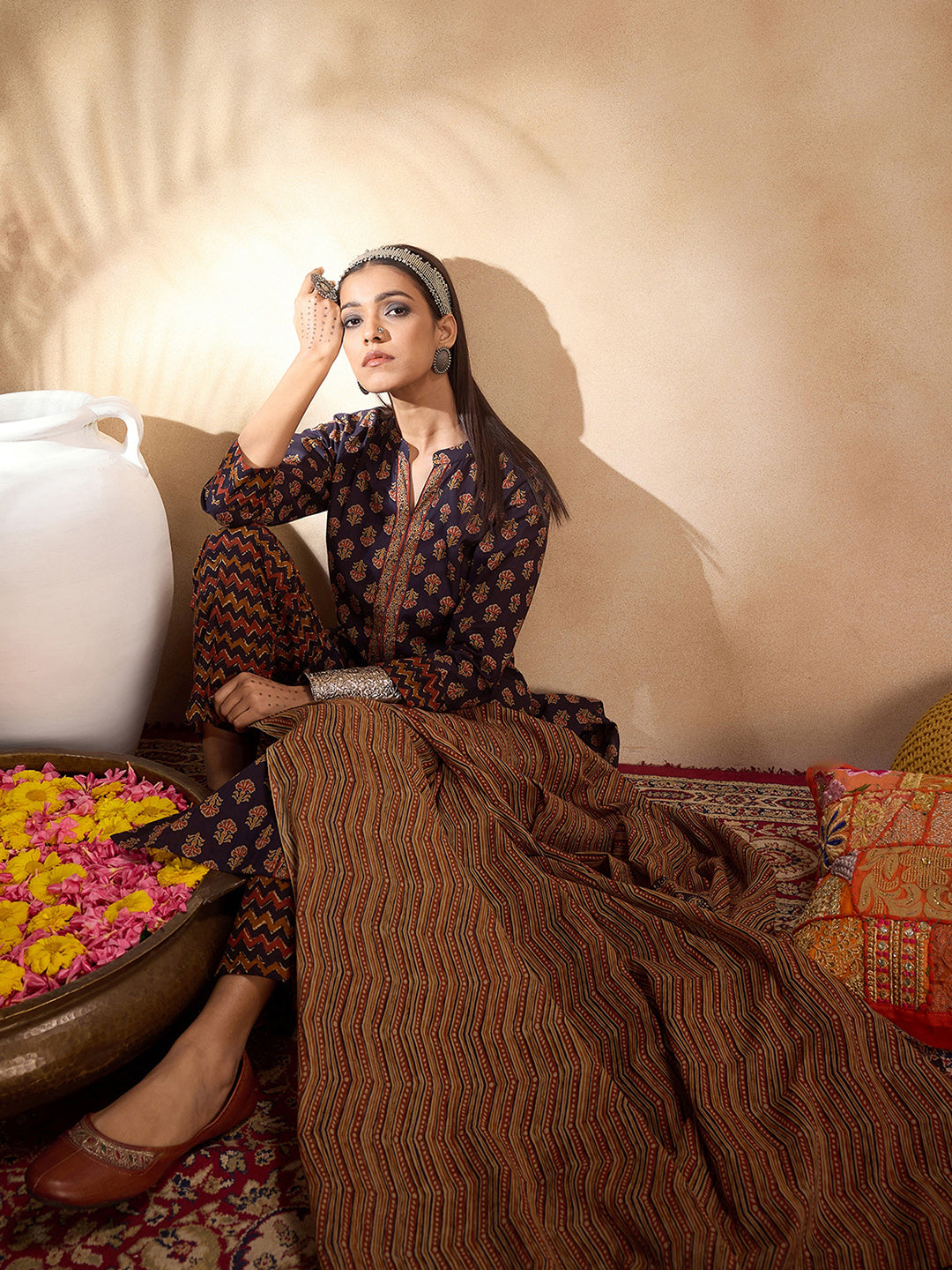 Indo Era Blue Printed Straight Kurta Trousers With Dupatta set