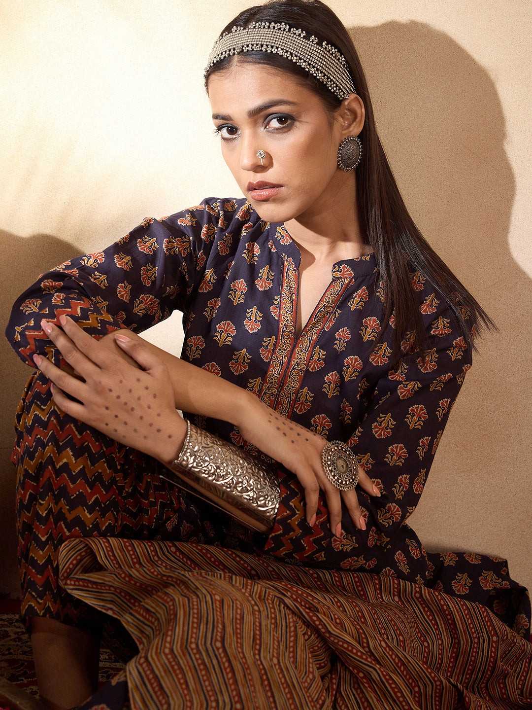 Indo Era Blue Printed Straight Kurta Trousers With Dupatta set