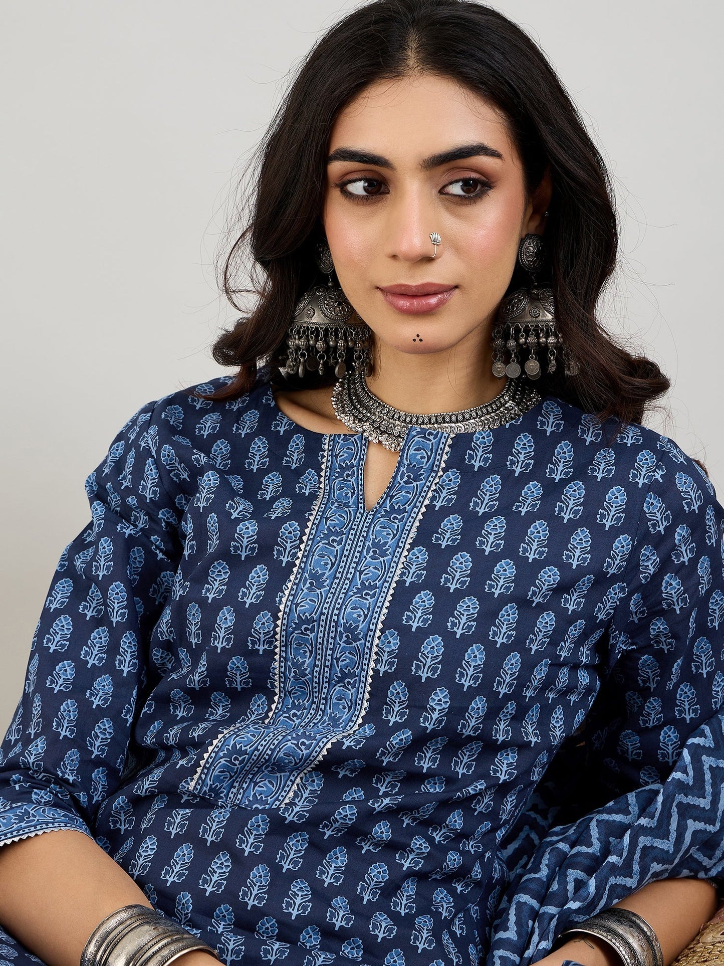 Indo Era Blue Printed Straight Kurta Trousers With Dupatta set