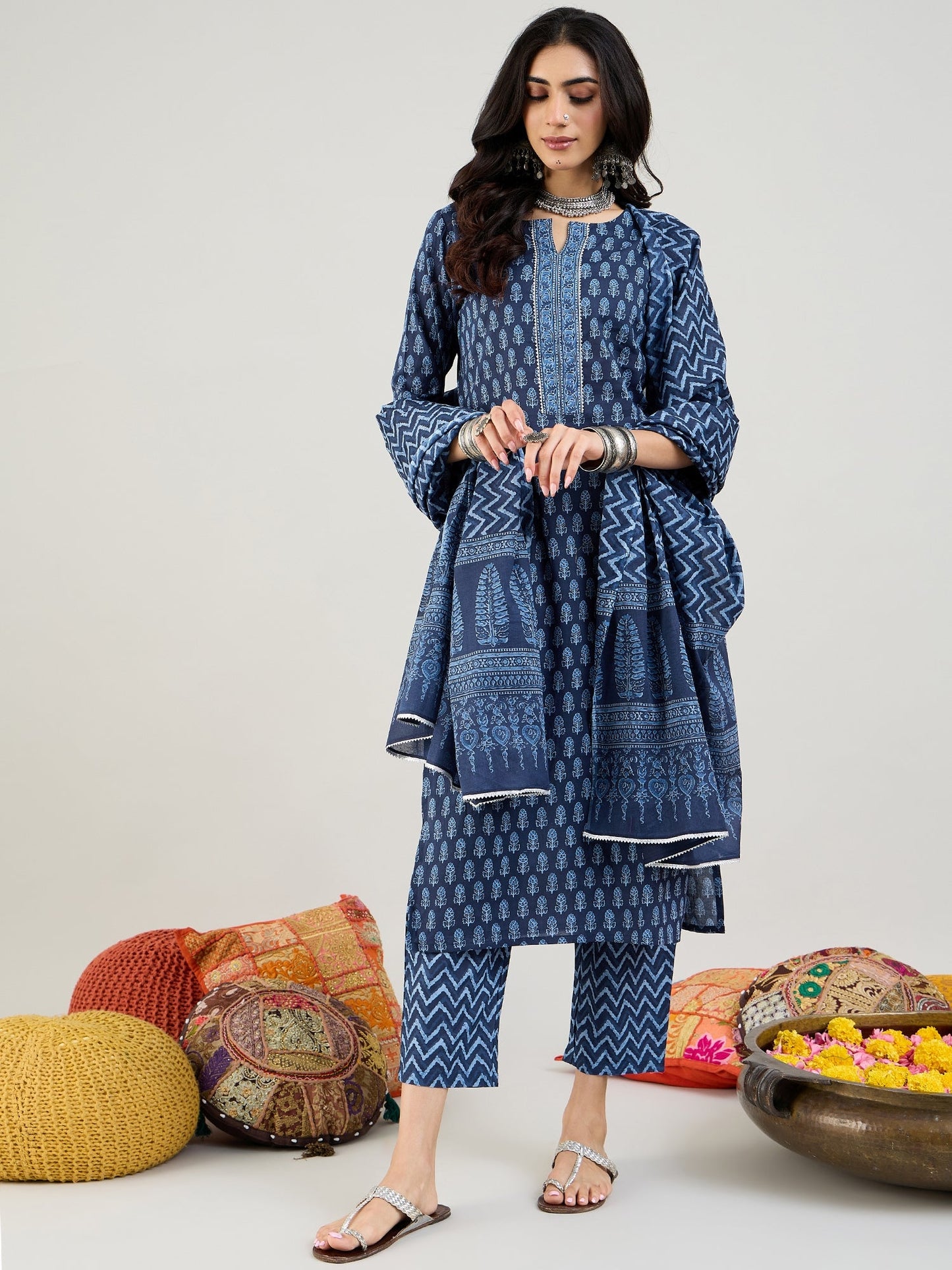 Indo Era Blue Printed Straight Kurta Trousers With Dupatta set