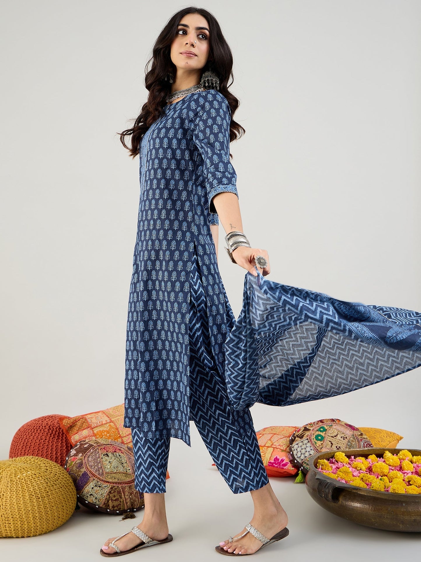Indo Era Blue Printed Straight Kurta Trousers With Dupatta set