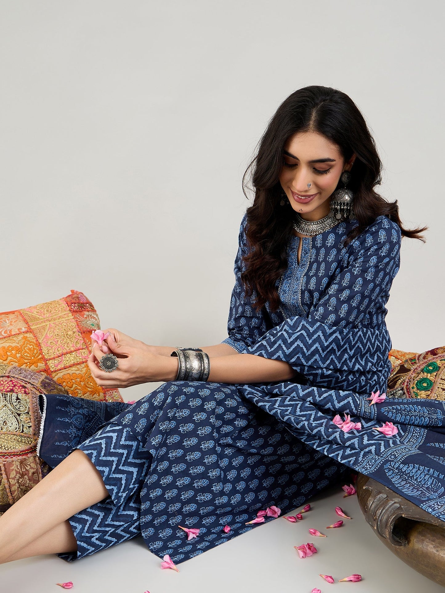 Indo Era Blue Printed Straight Kurta Trousers With Dupatta set