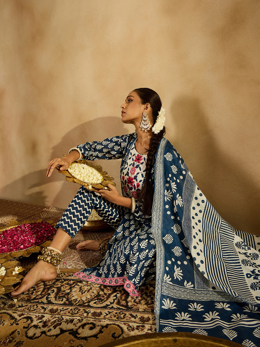 Indo Era Blue Printed Straight Kurta Trousers With Dupatta set
