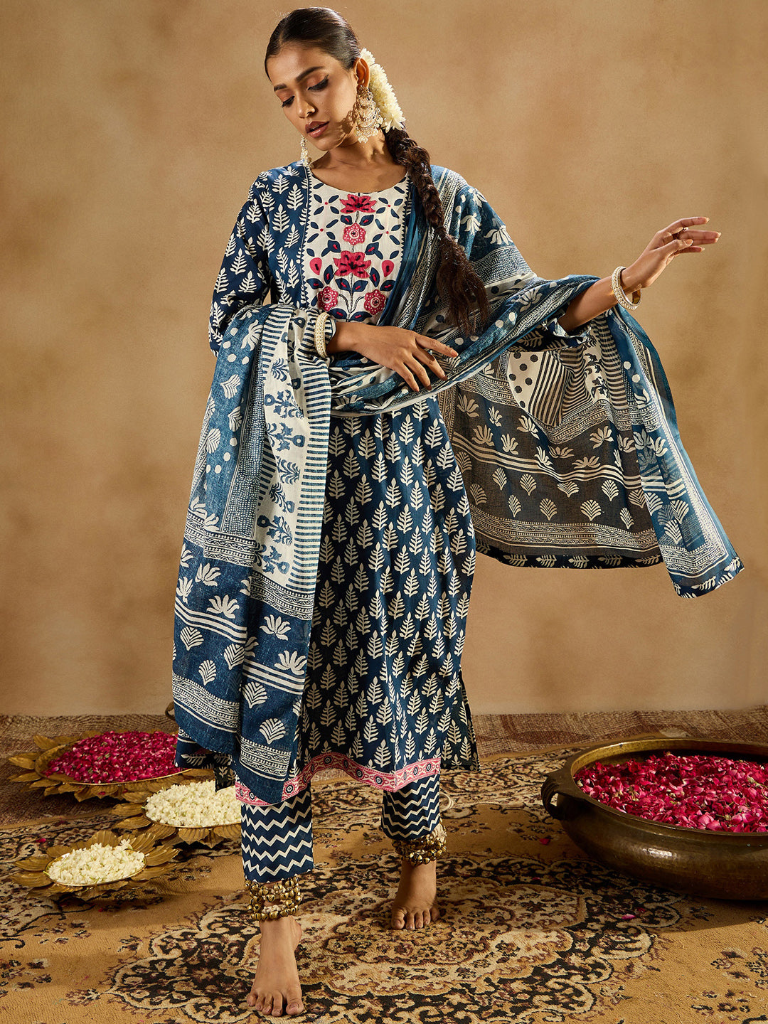 Indo Era Blue Printed Straight Kurta Trousers With Dupatta set