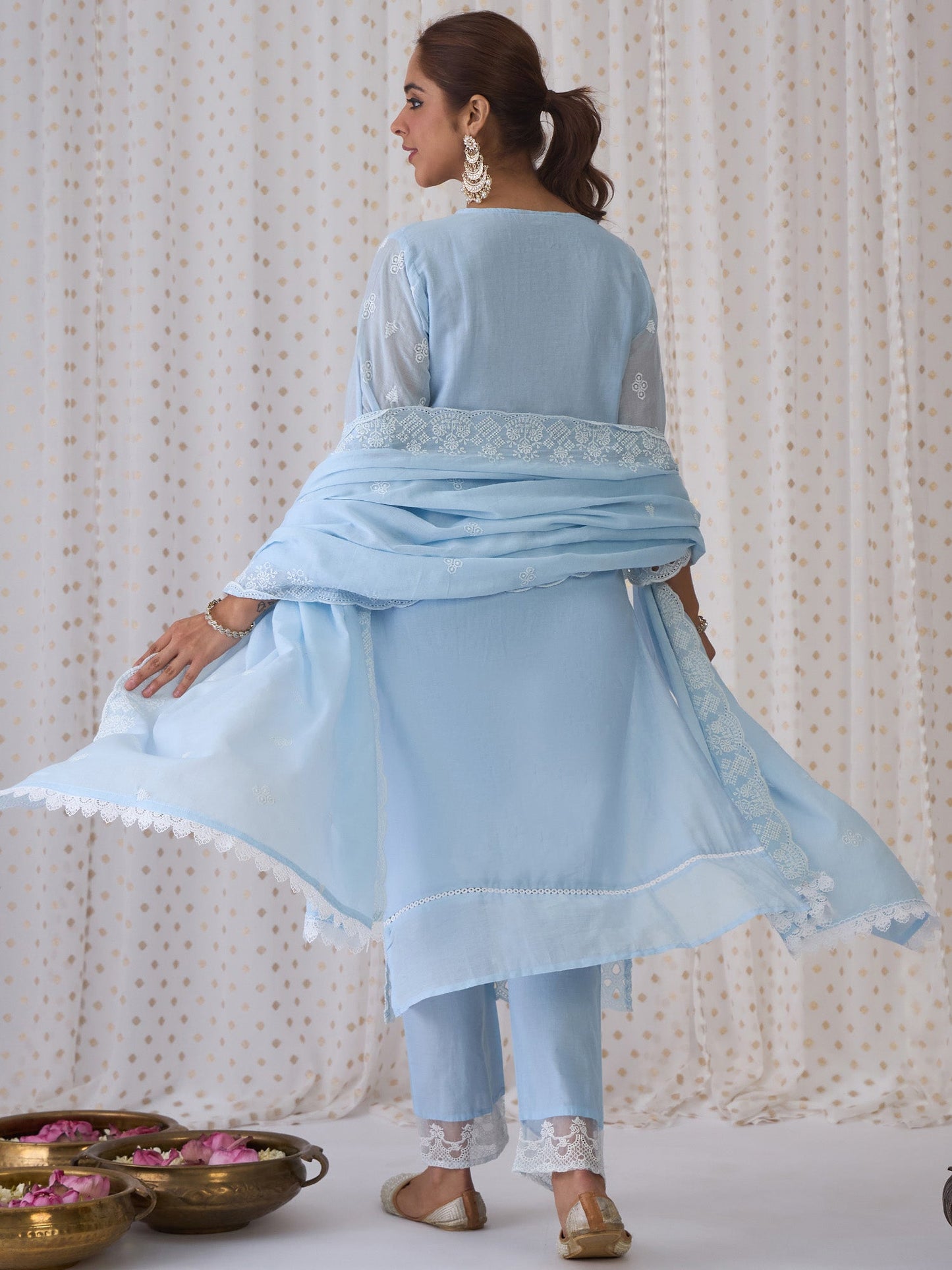 Indo Era Blue Embroidered Straight Kurta Trousers With Dupatta set