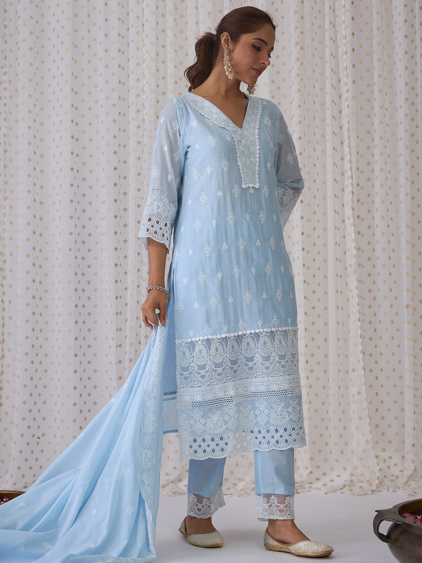 Indo Era Blue Embroidered Straight Kurta Trousers With Dupatta set