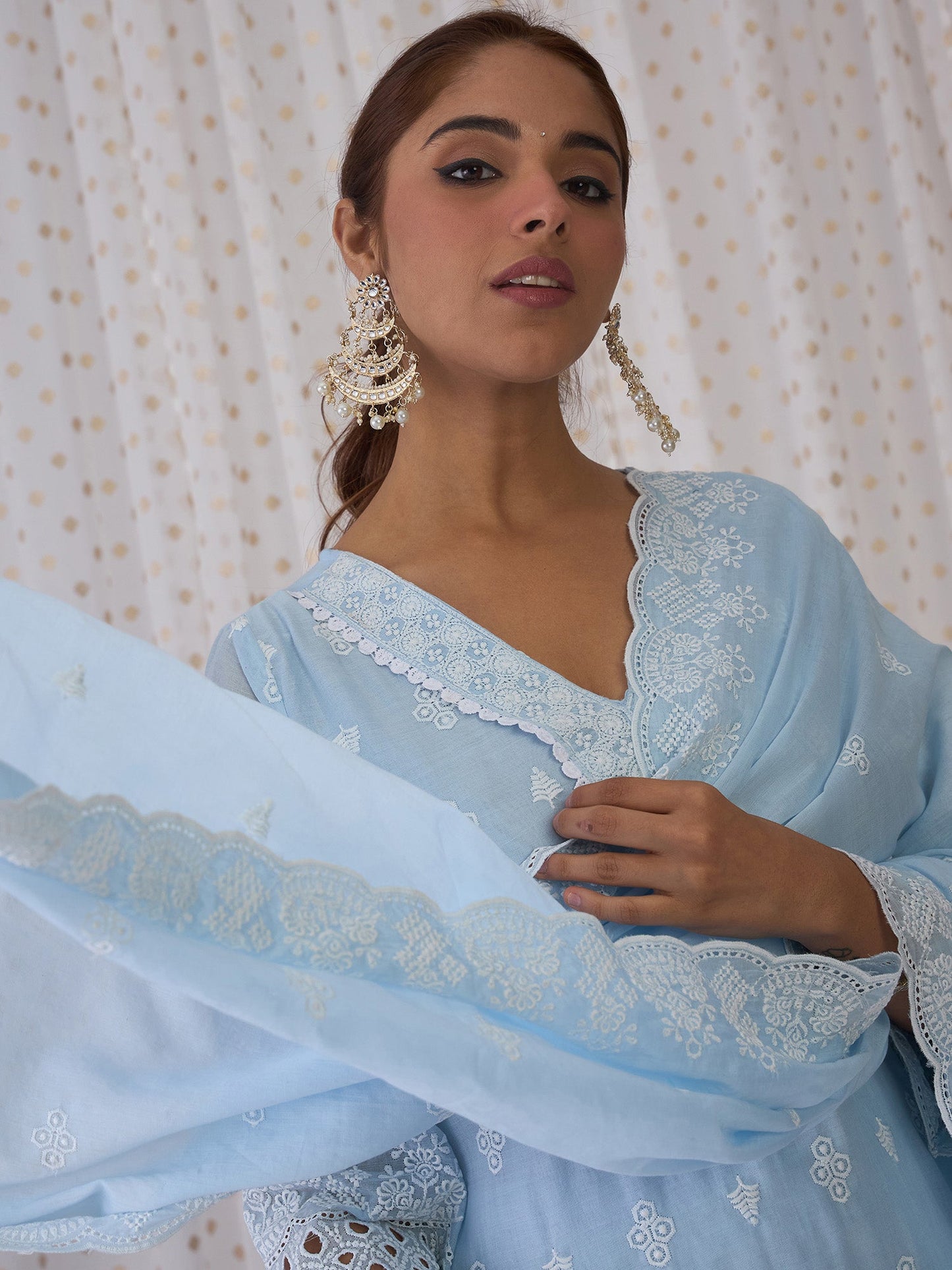 Indo Era Blue Embroidered Straight Kurta Trousers With Dupatta set