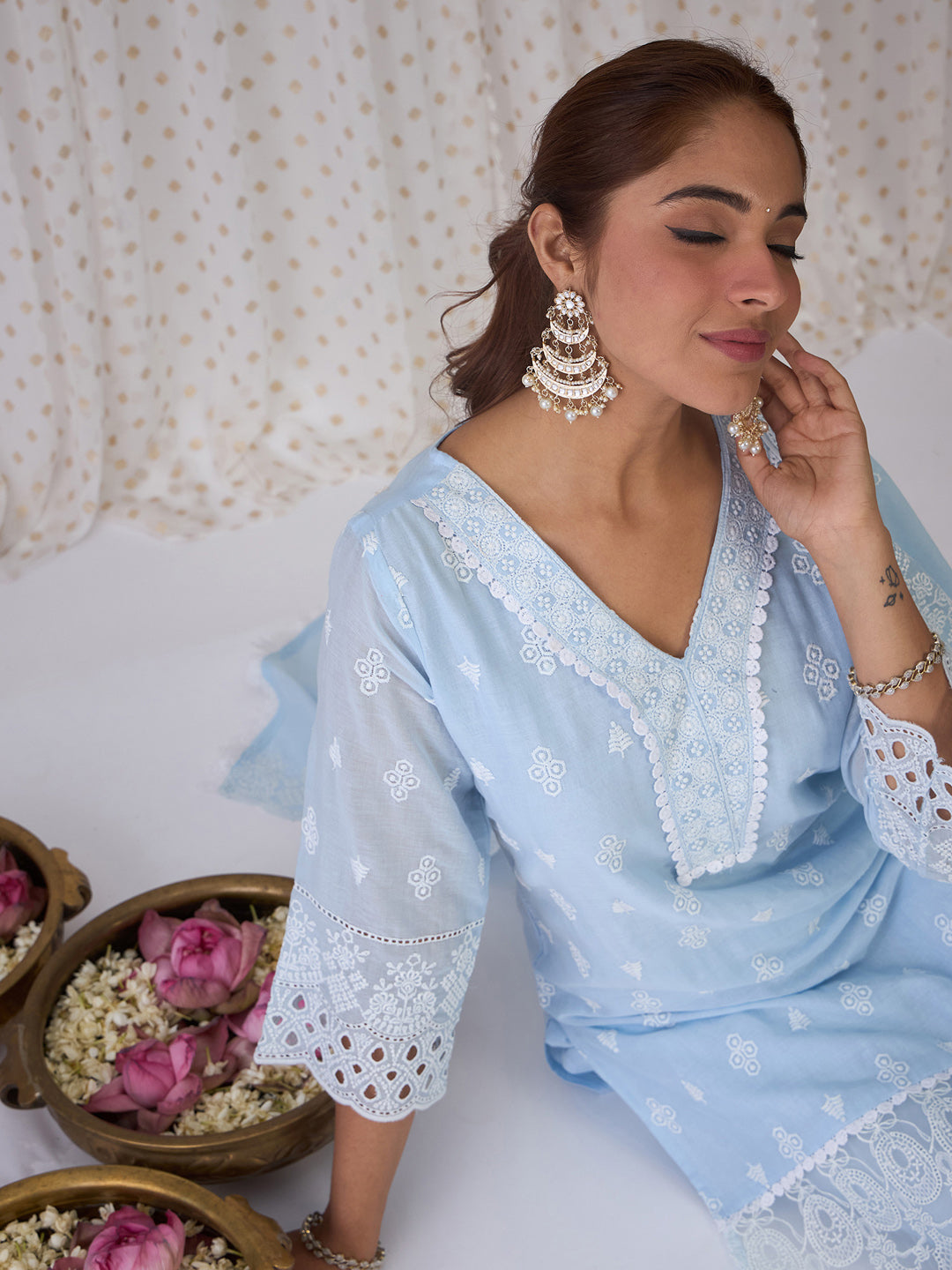 Indo Era Blue Embroidered Straight Kurta Trousers With Dupatta set