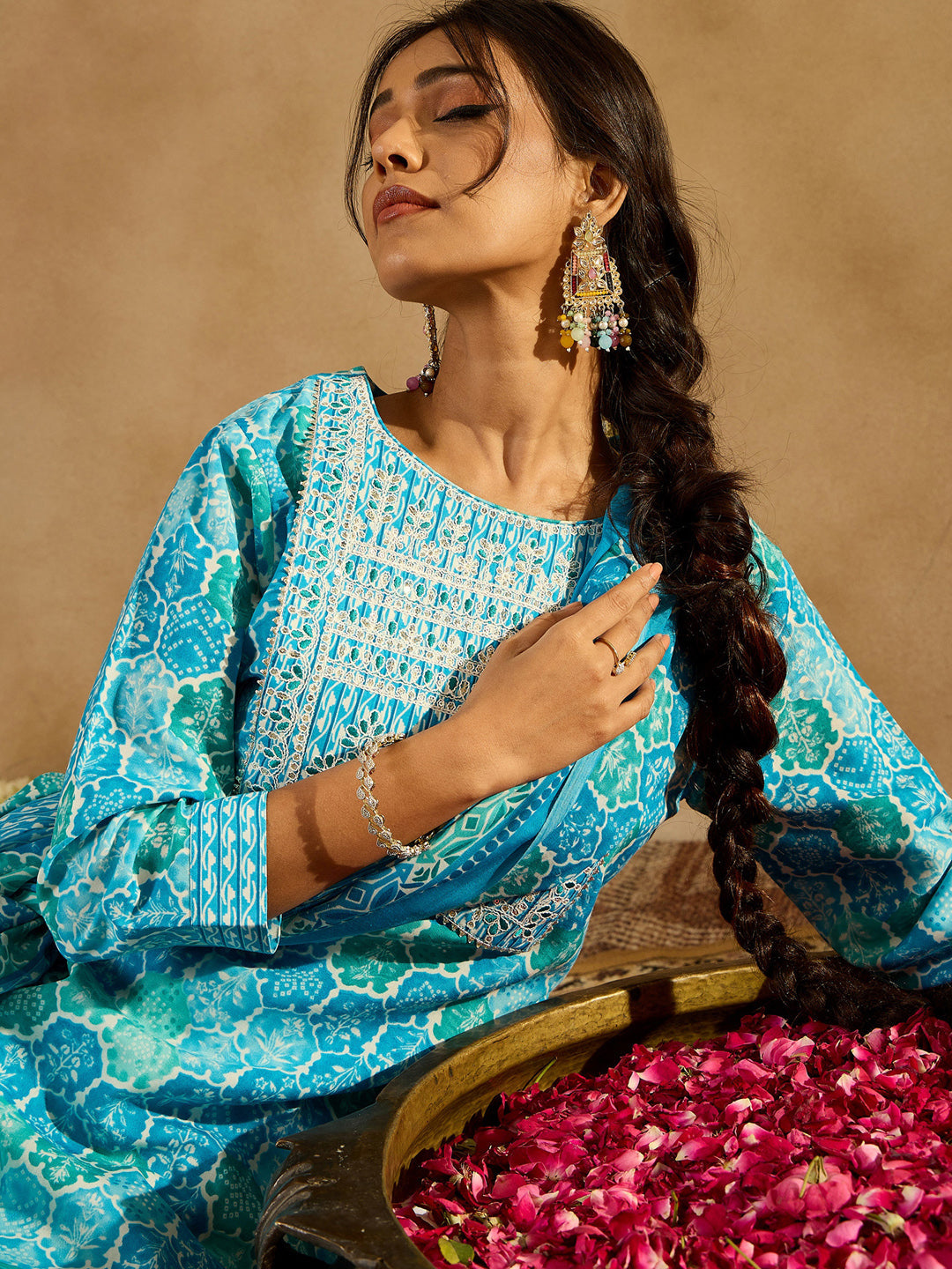 Indo Era Blue Printed Straight Kurta Trousers With Dupatta set