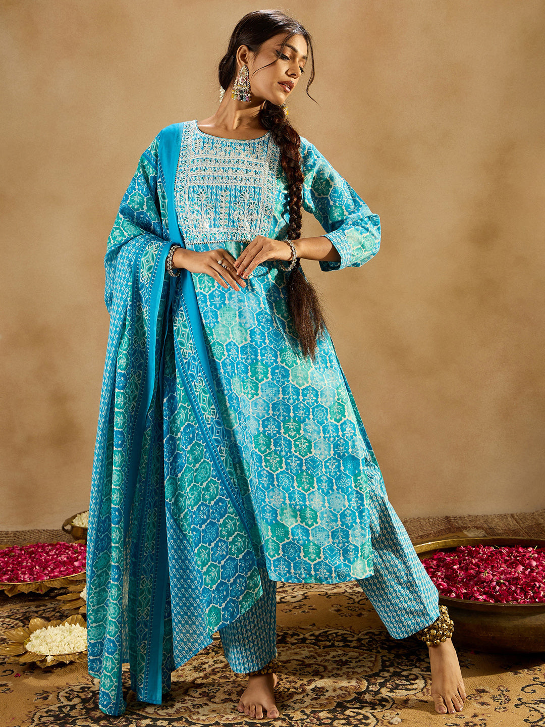 Indo Era Blue Printed Straight Kurta Trousers With Dupatta set