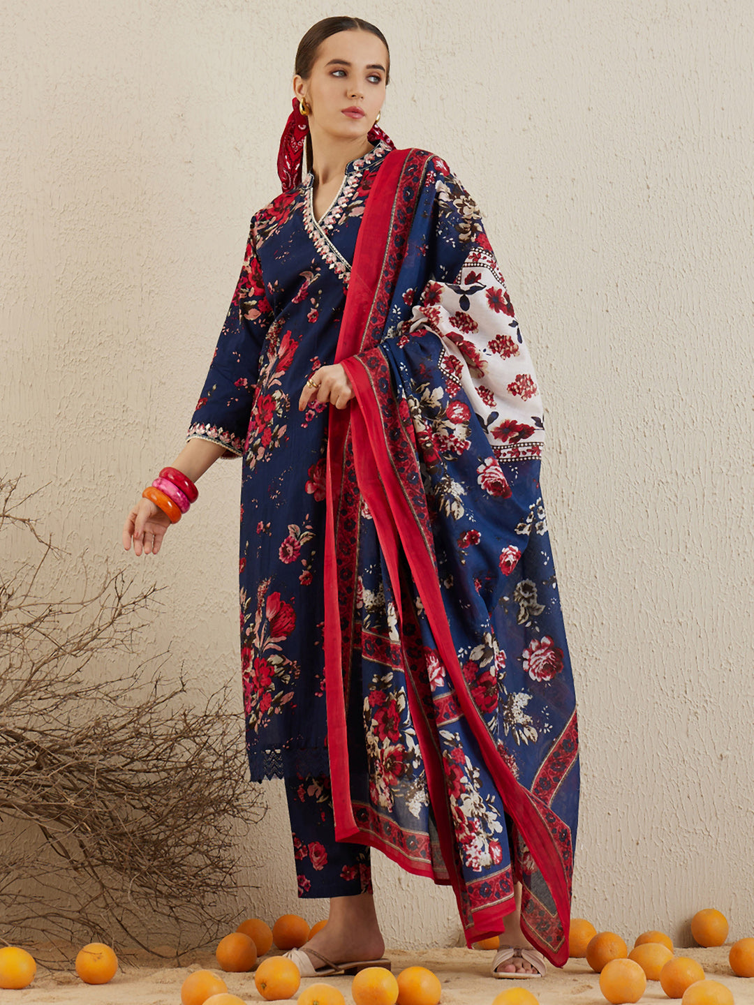 Indo Era Blue Printed Straight Kurta Trousers With Dupatta set