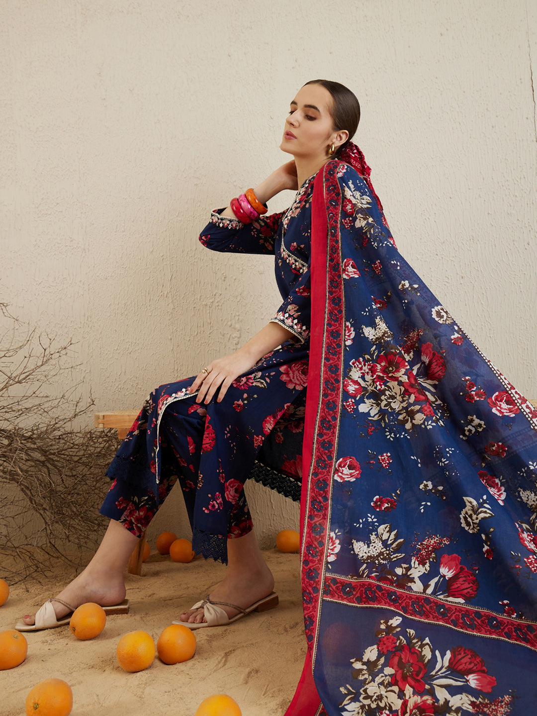 Indo Era Blue Printed Straight Kurta Trousers With Dupatta set