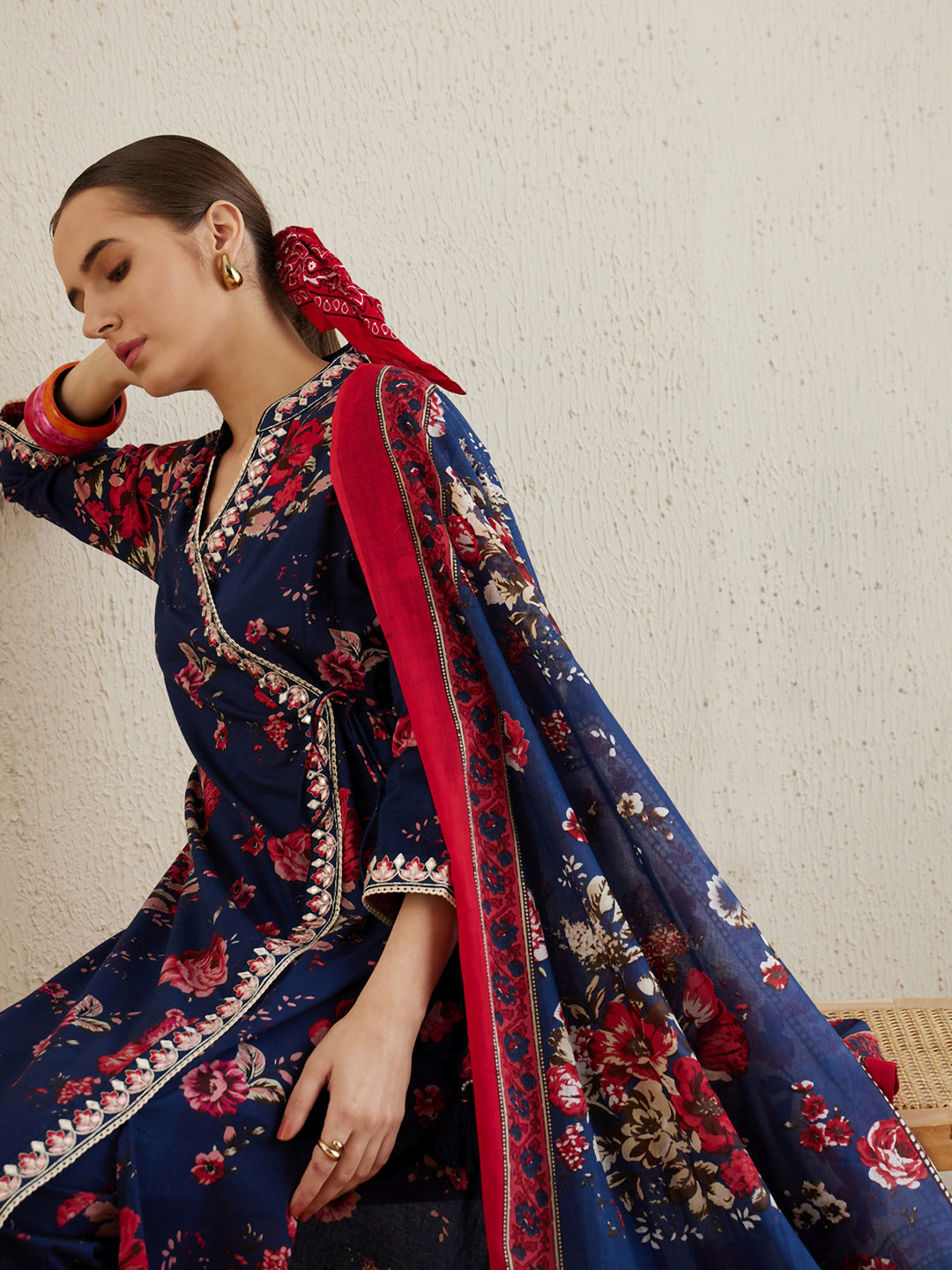 Indo Era Blue Printed Straight Kurta Trousers With Dupatta set
