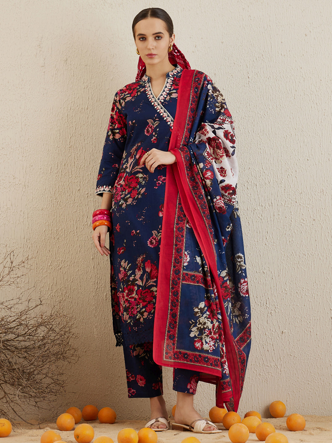 Indo Era Blue Printed Straight Kurta Trousers With Dupatta set
