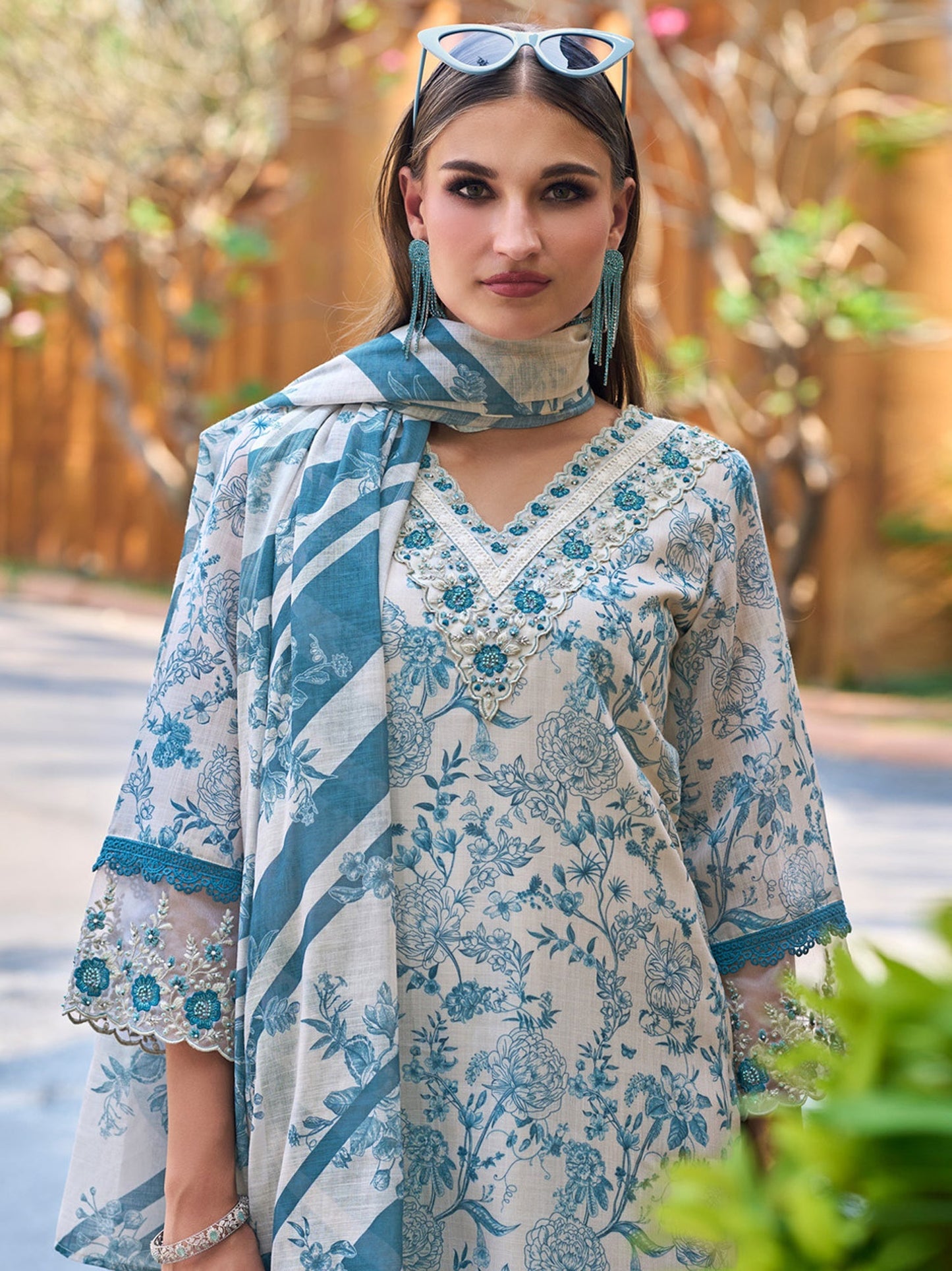 Indo Era Blue Printed Straight Kurta Trousers With Dupatta set