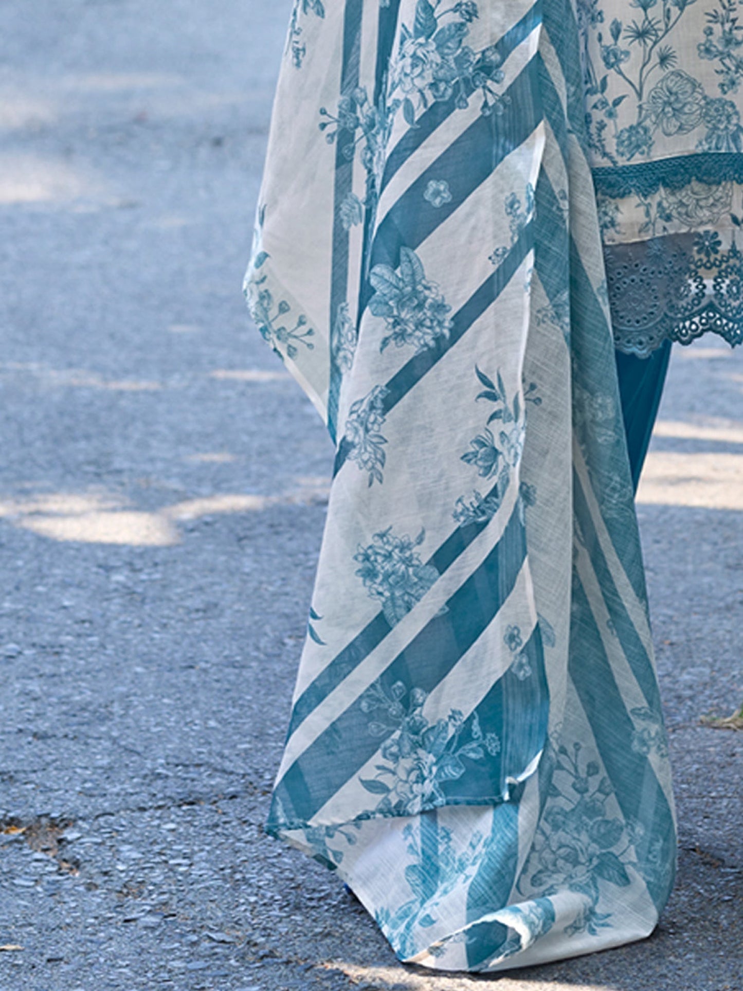 Indo Era Blue Printed Straight Kurta Trousers With Dupatta set