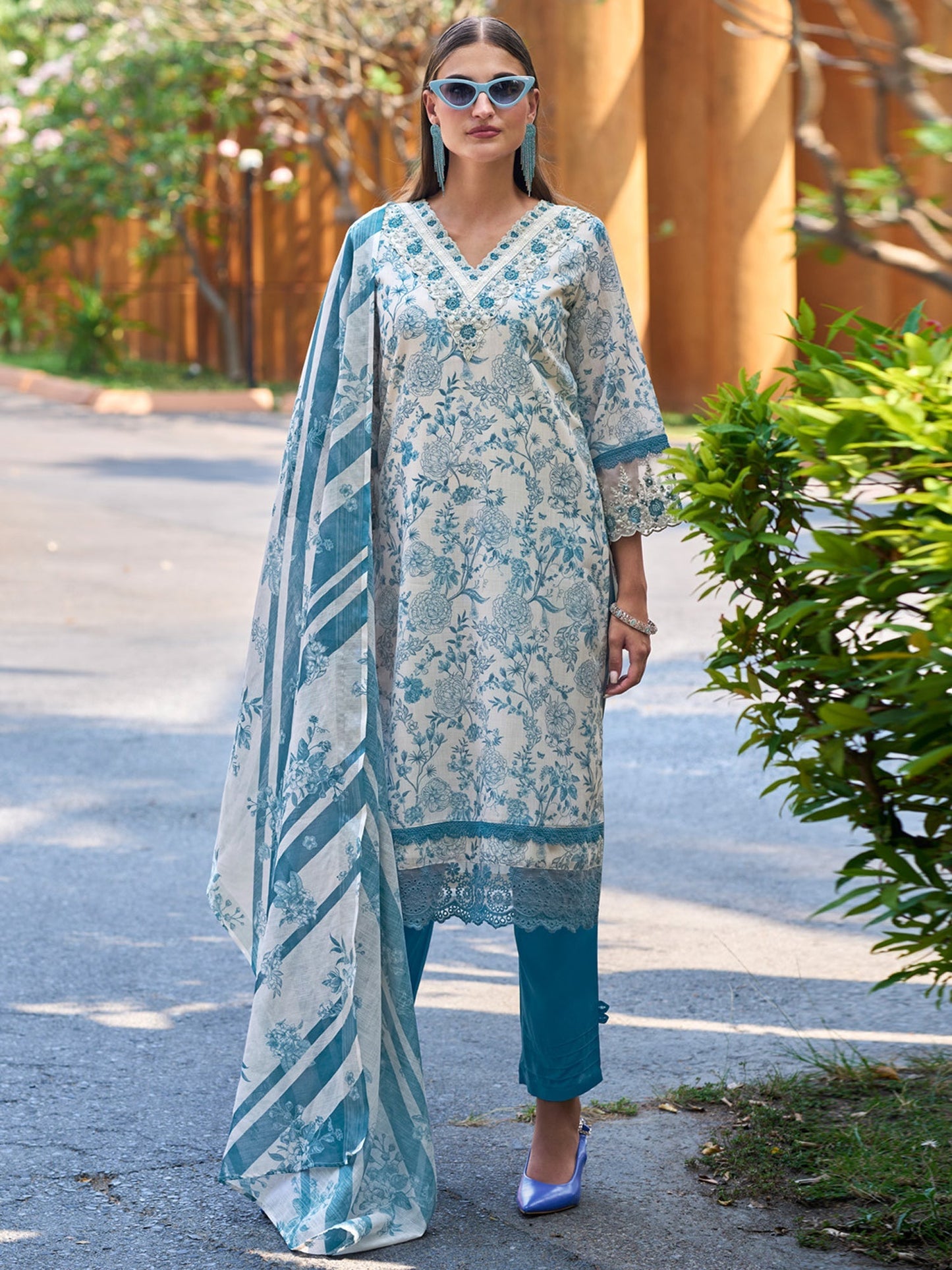 Indo Era Blue Printed Straight Kurta Trousers With Dupatta set