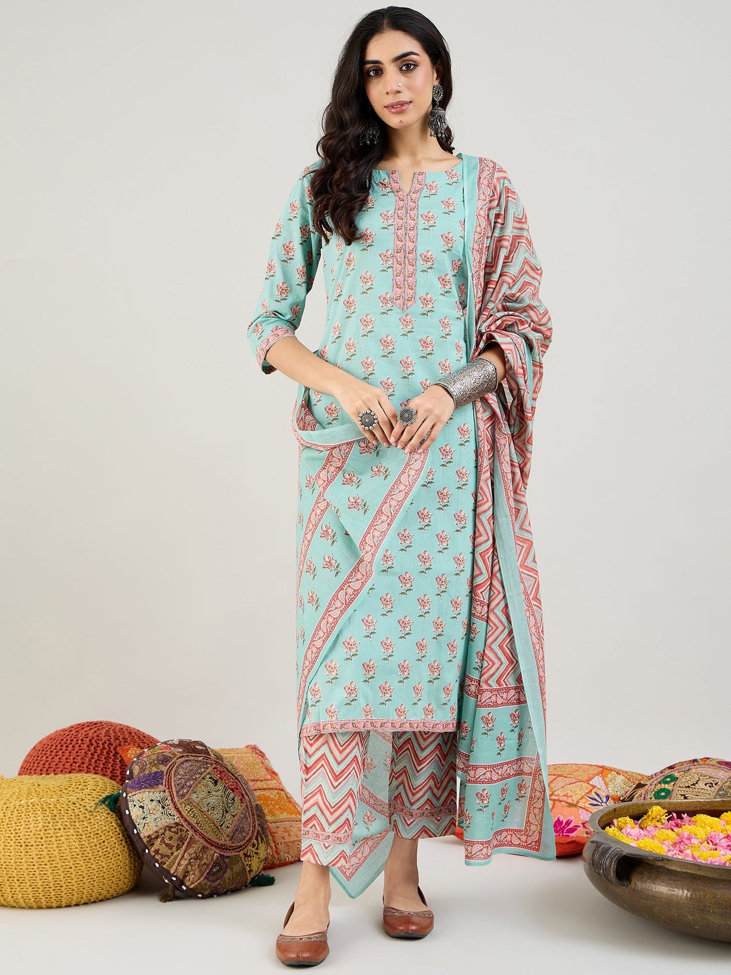 Indo Era Blue Printed Straight Kurta Trousers With Dupatta set