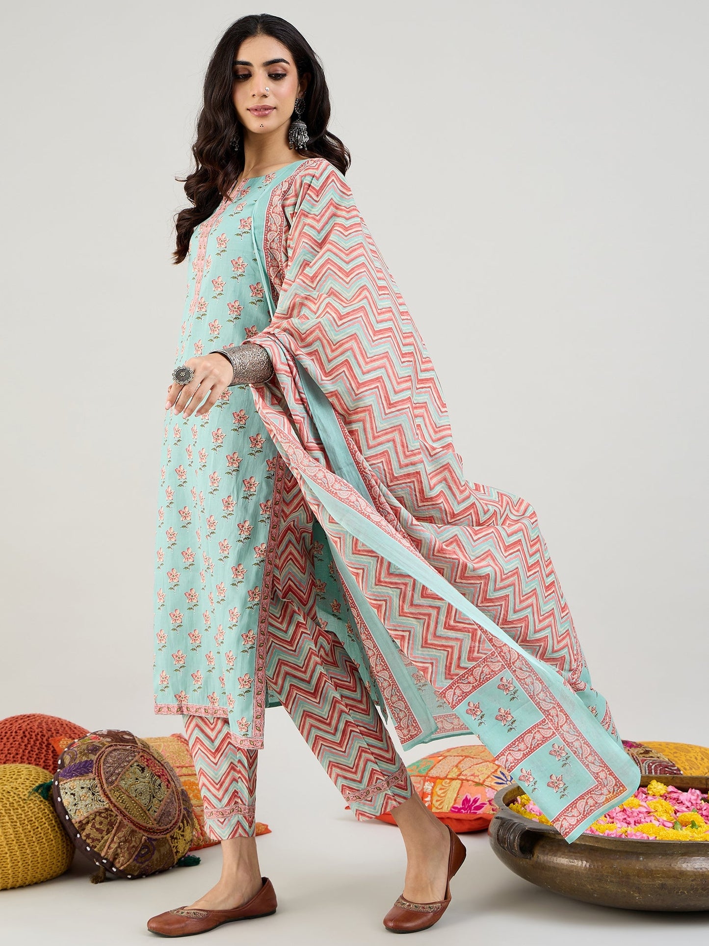 Indo Era Blue Printed Straight Kurta Trousers With Dupatta set