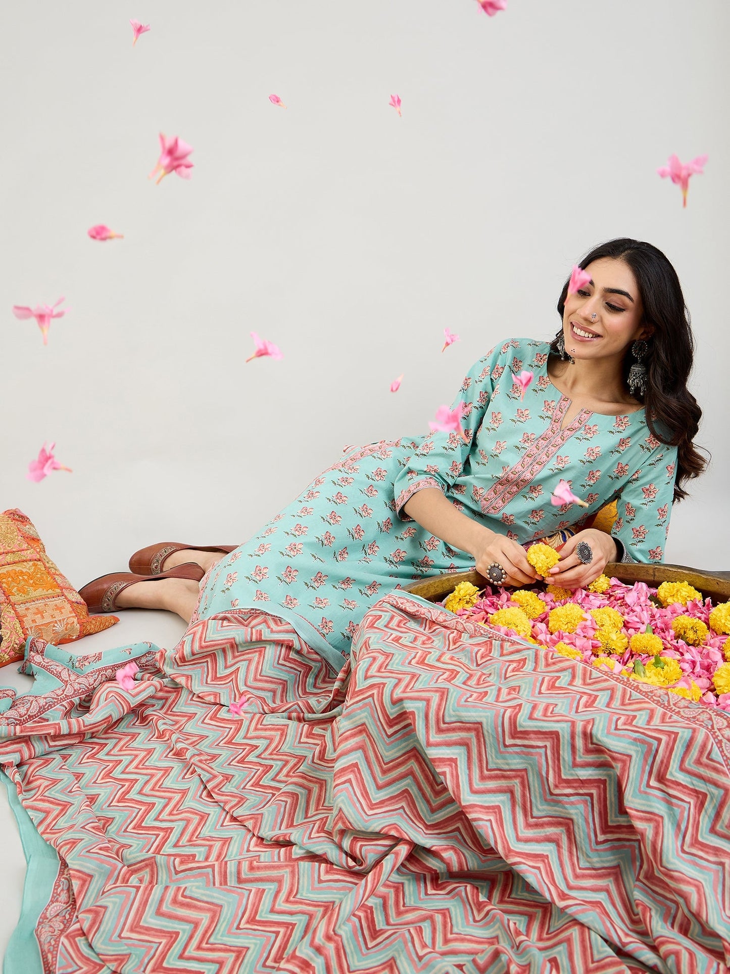 Indo Era Blue Printed Straight Kurta Trousers With Dupatta set