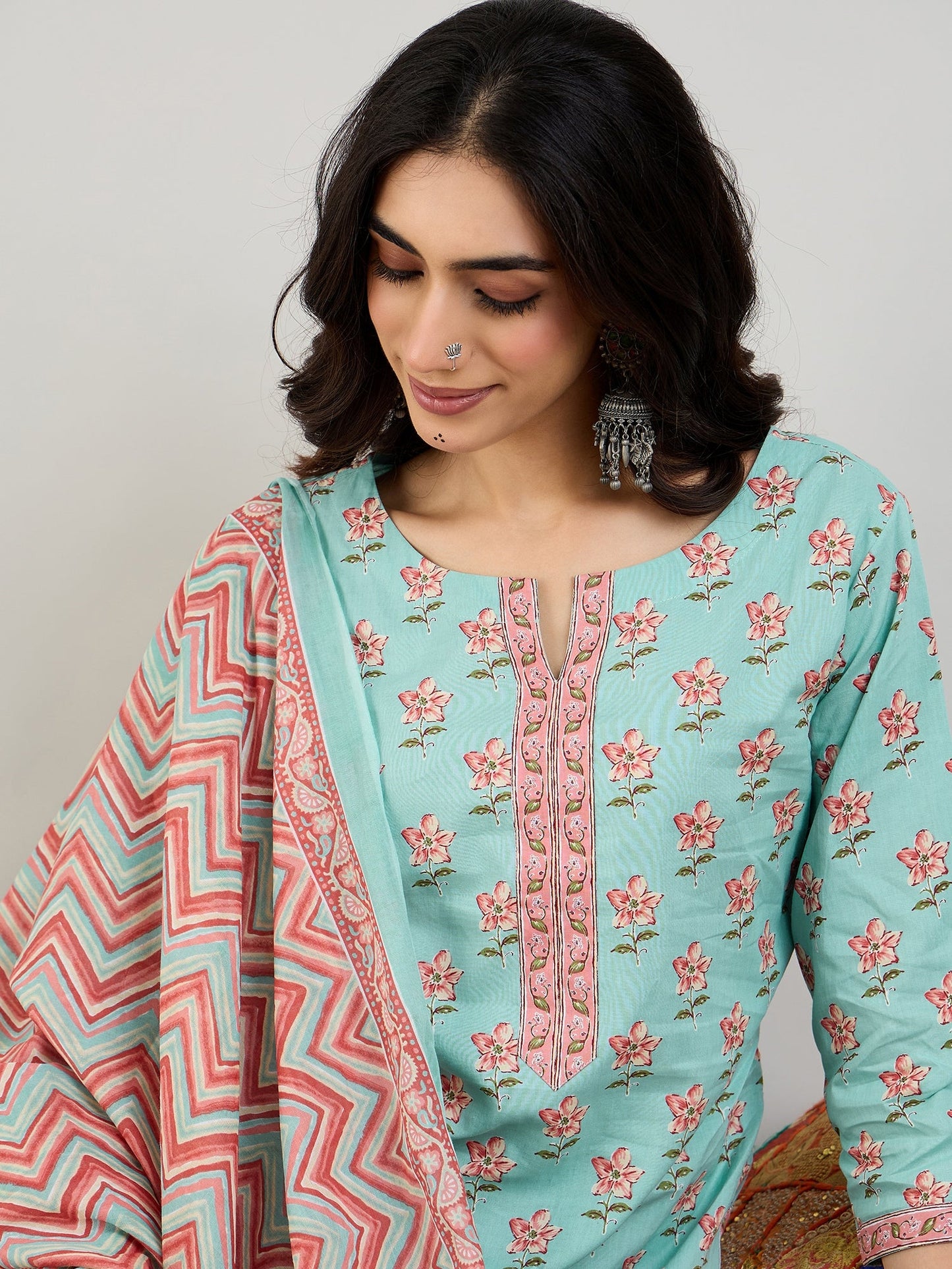 Indo Era Blue Printed Straight Kurta Trousers With Dupatta set