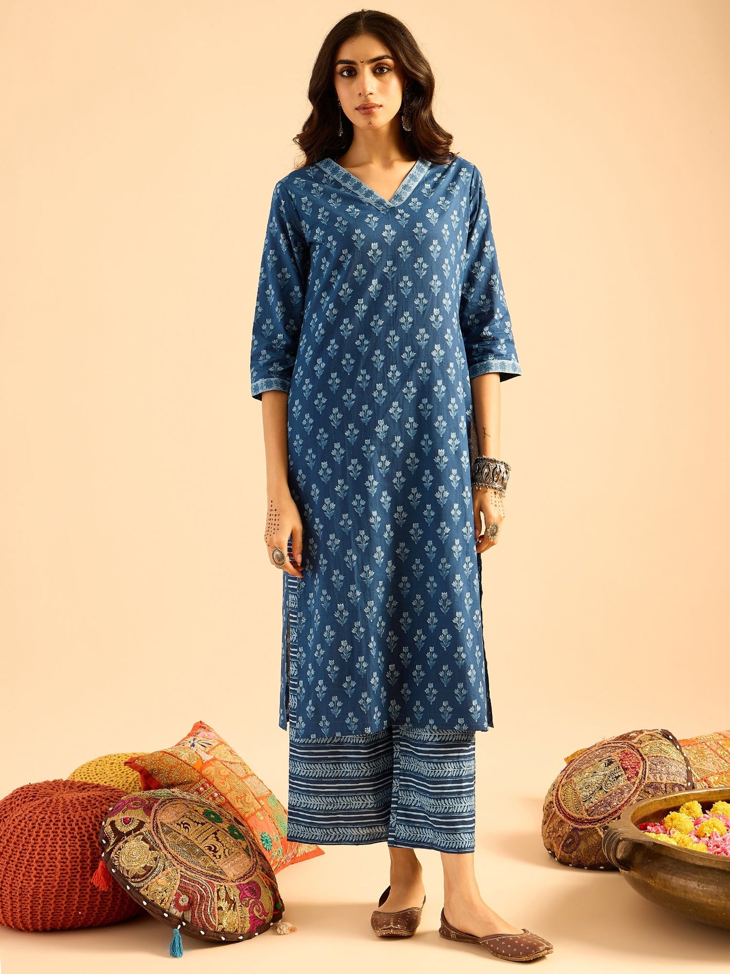 Indo Era Blue Printed Straight Kurta Palazzos With Dupatta set