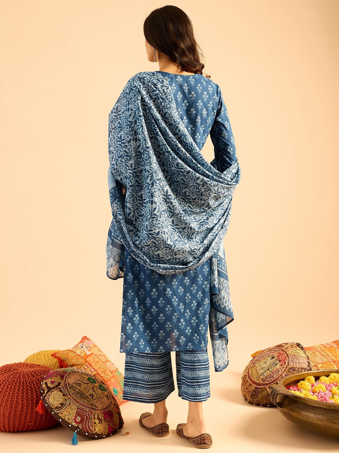 Indo Era Blue Printed Straight Kurta Palazzos With Dupatta set
