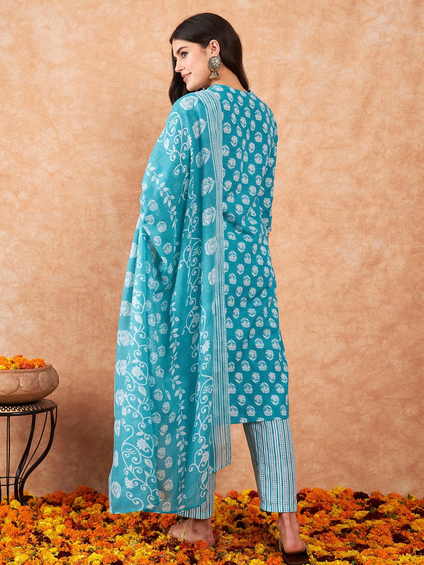 Indo Era Blue Printed Straight Kurta Trousers With Dupatta Set