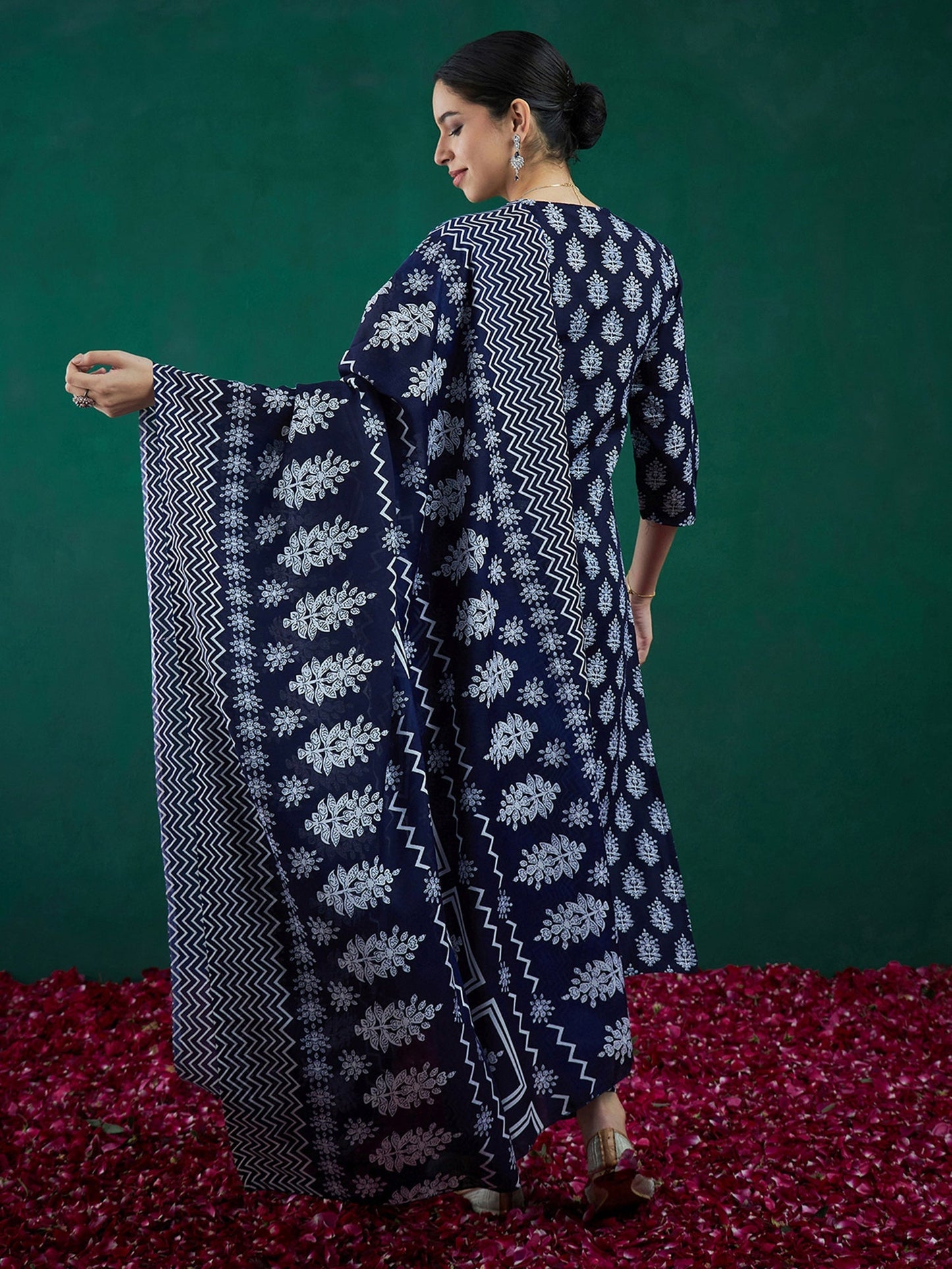 Indo Era Blue Printed Straight Kurta Trousers With Dupatta Set