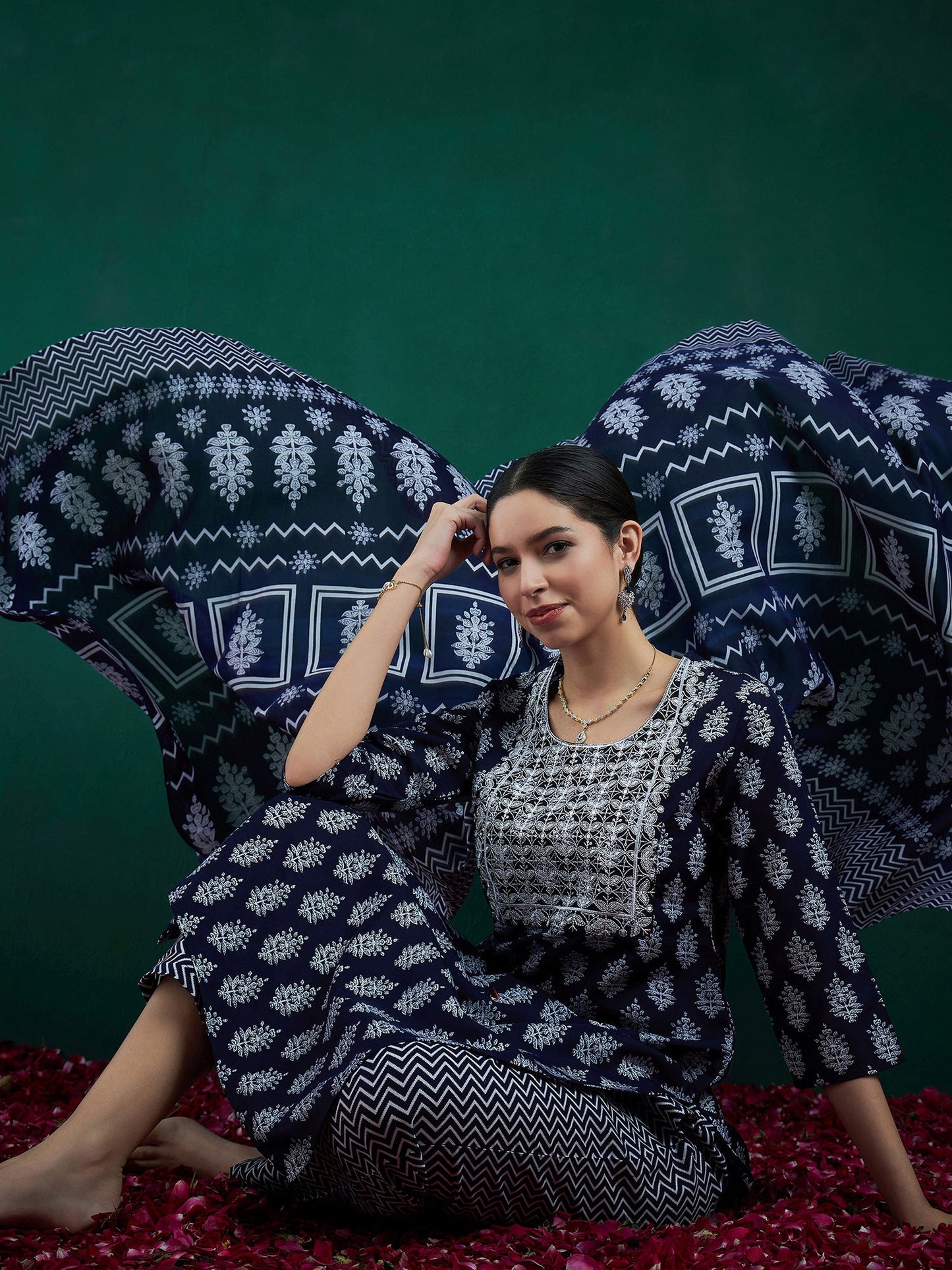 Indo Era Blue Printed Straight Kurta Trousers With Dupatta Set