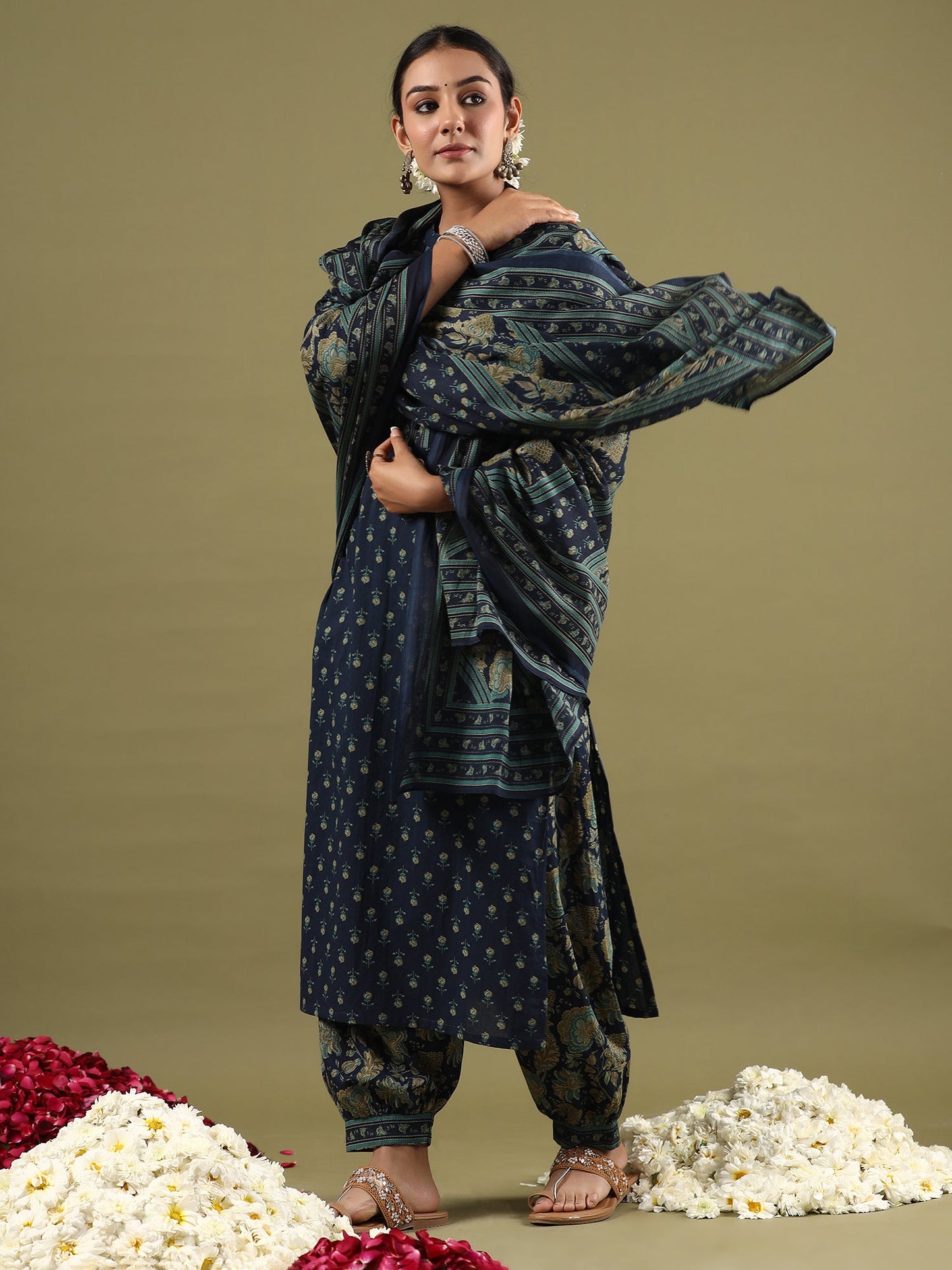 Indo Era Blue Printed Straight Kurta Salwar With Dupatta set